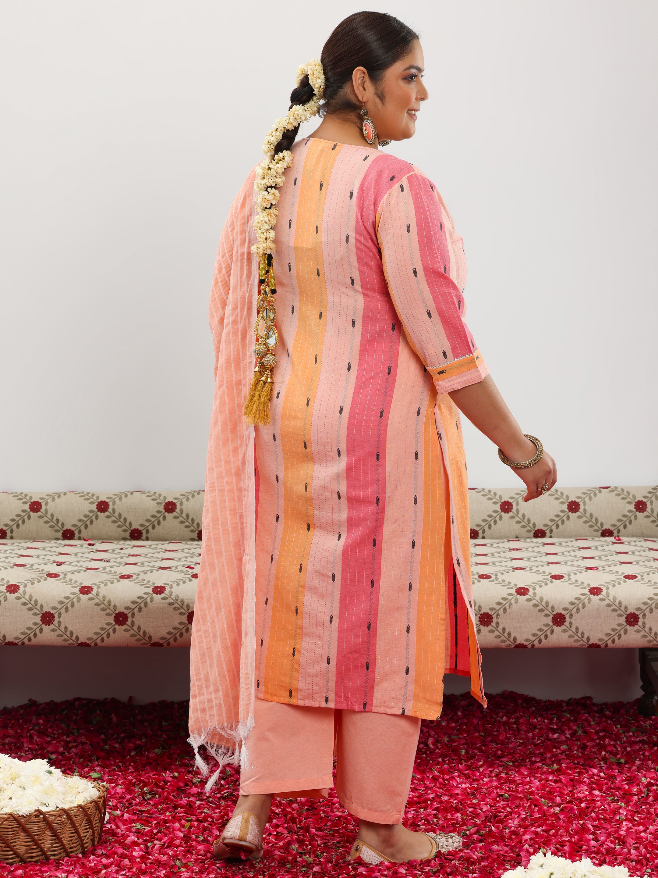 Plus Size Peach Self Design Cotton Blend Straight Suit With Dupatta