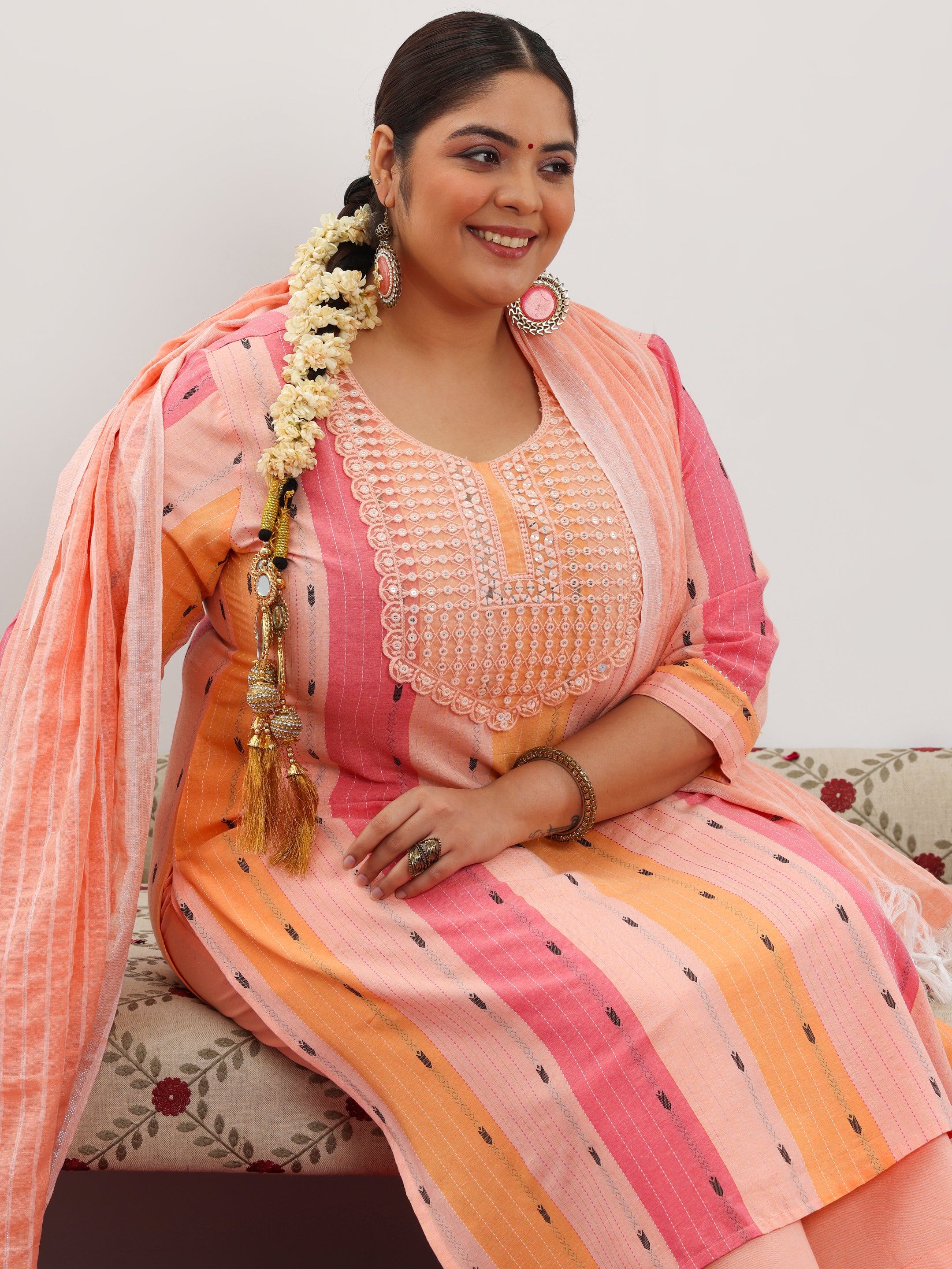 Plus Size Peach Self Design Cotton Blend Straight Suit With Dupatta