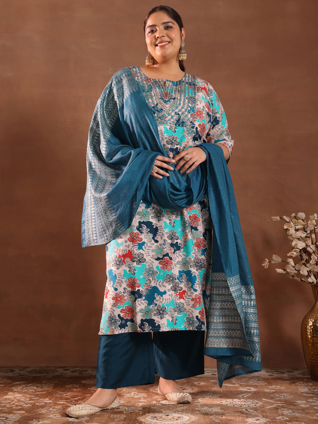 Plus Size Blue Printed Silk Blend Straight Suit With Dupatta