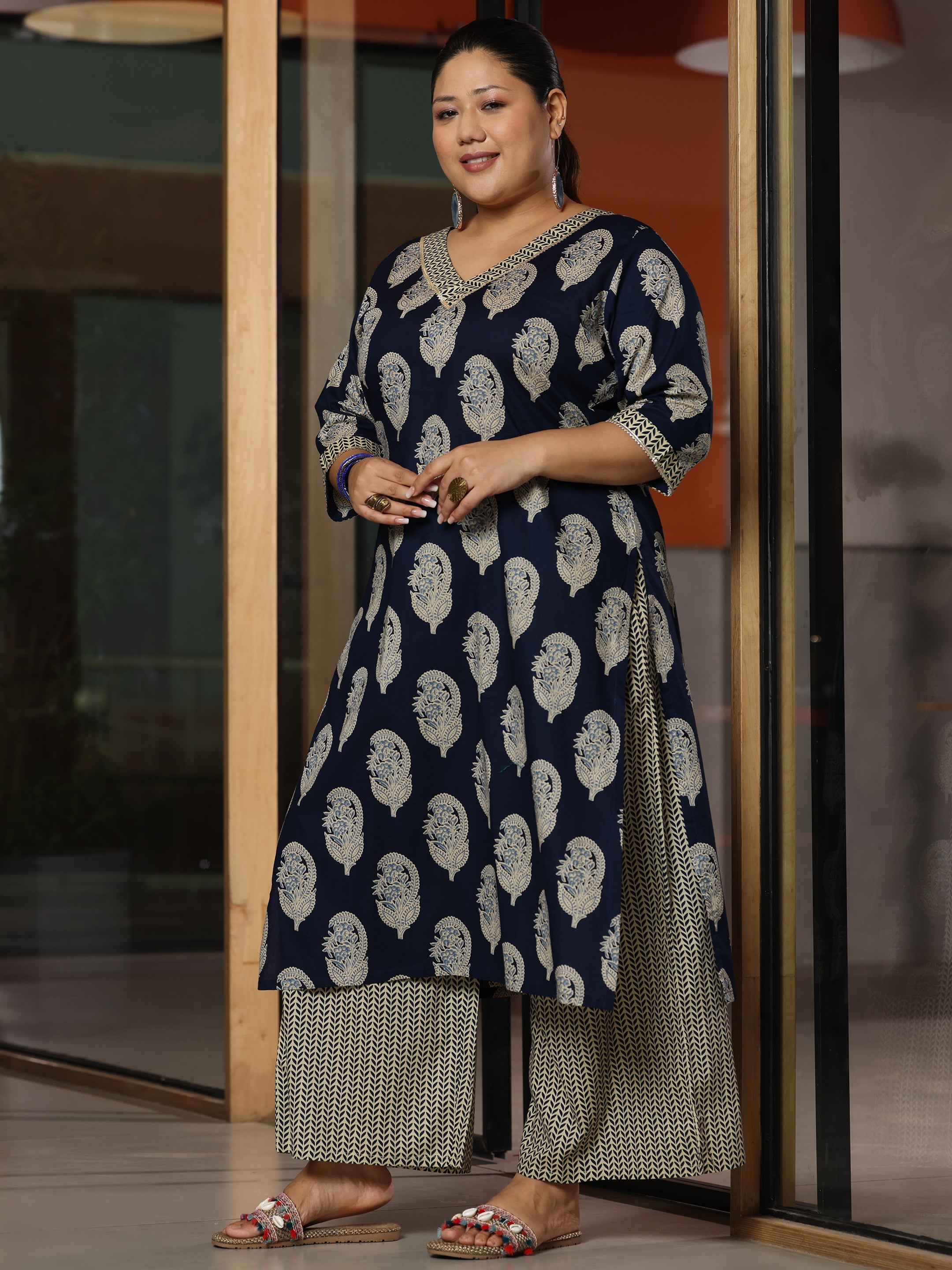 Plus Size Blue Printed Cotton Straight Suit With Dupatta