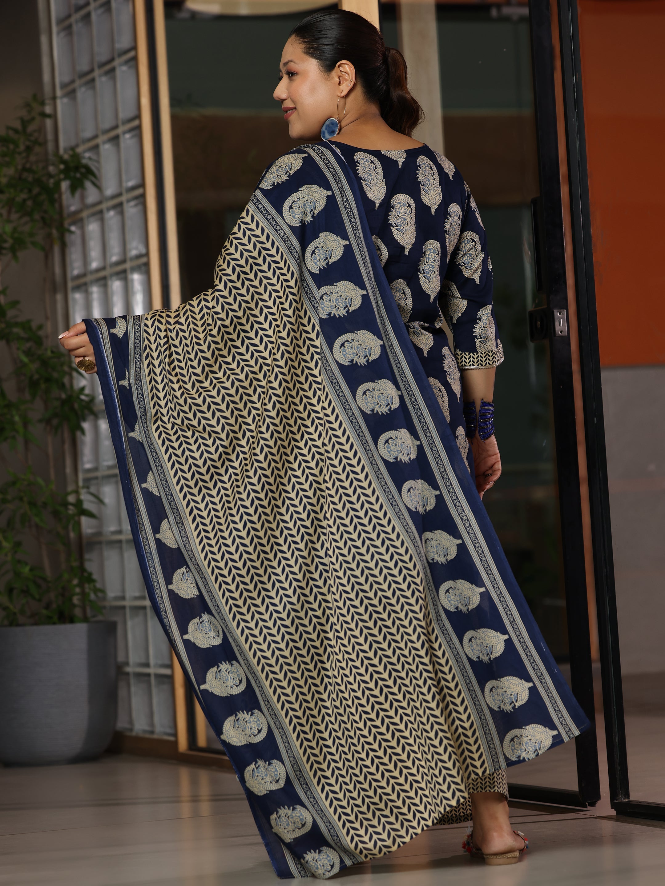 Plus Size Blue Printed Cotton Straight Suit With Dupatta