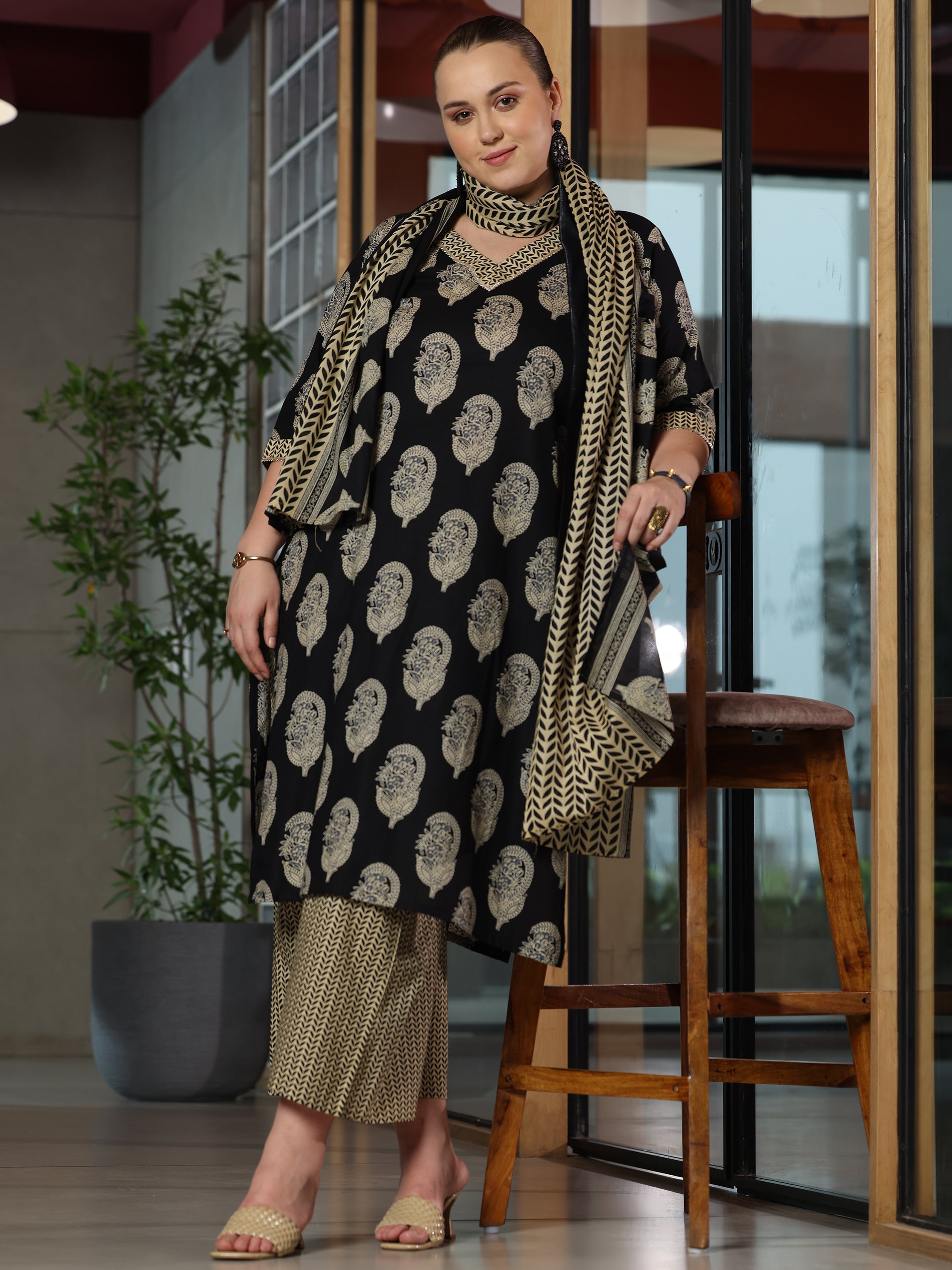 Plus Size Black Printed Cotton Straight Suit With Dupatta