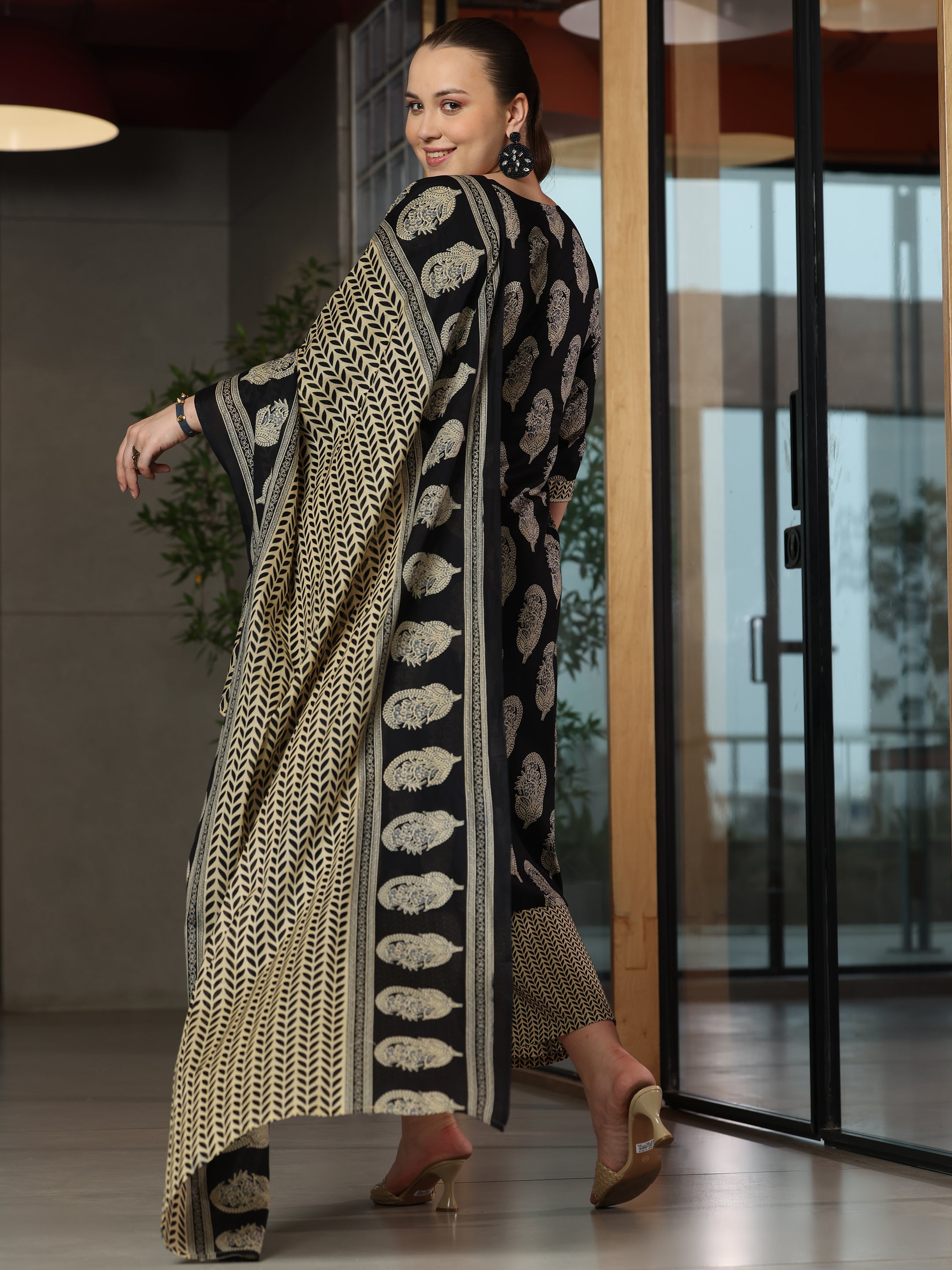 Plus Size Black Printed Cotton Straight Suit With Dupatta