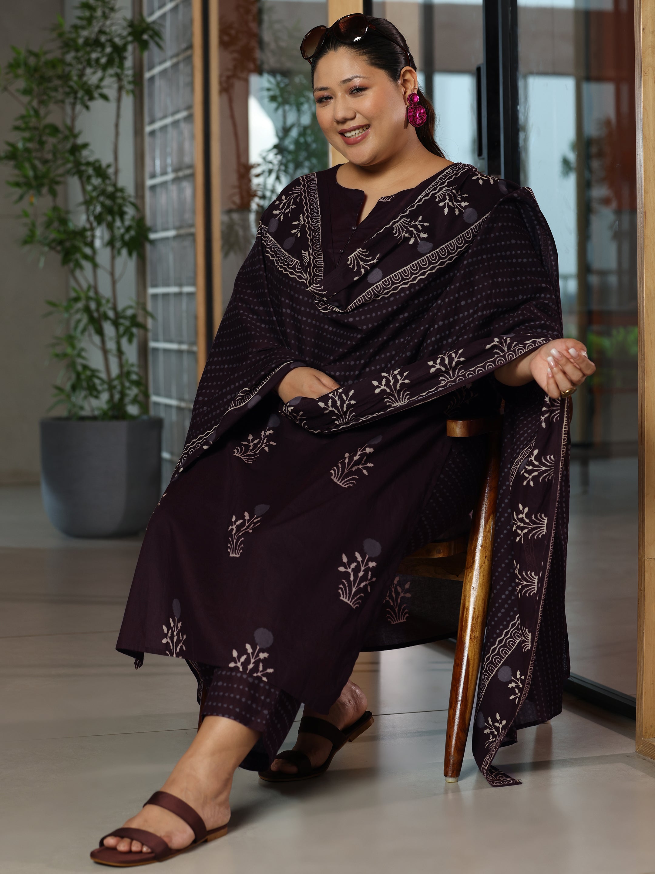 Plus Size Brown Printed Cotton Straight Suit With Dupatta