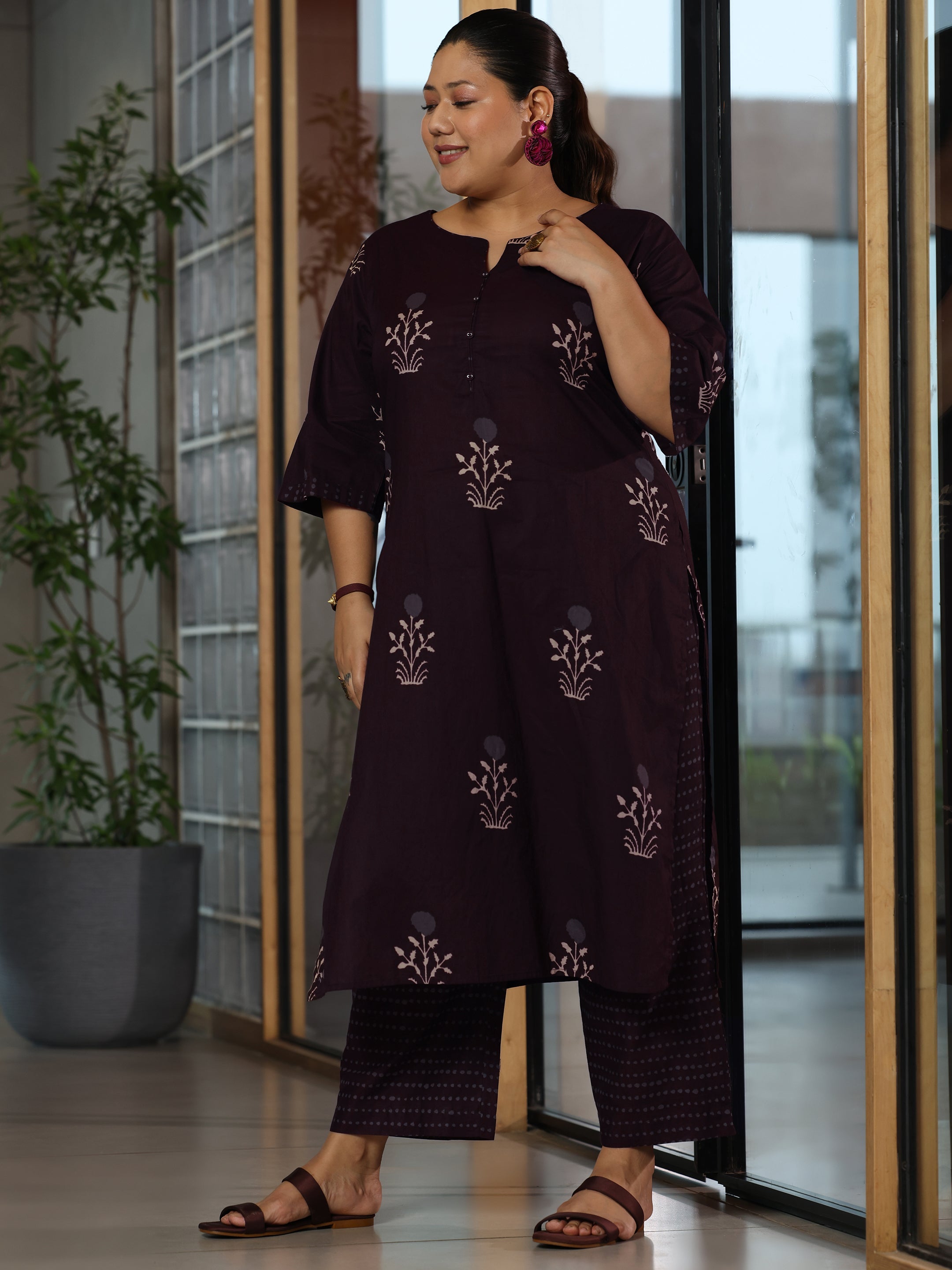 Plus Size Brown Printed Cotton Straight Suit With Dupatta