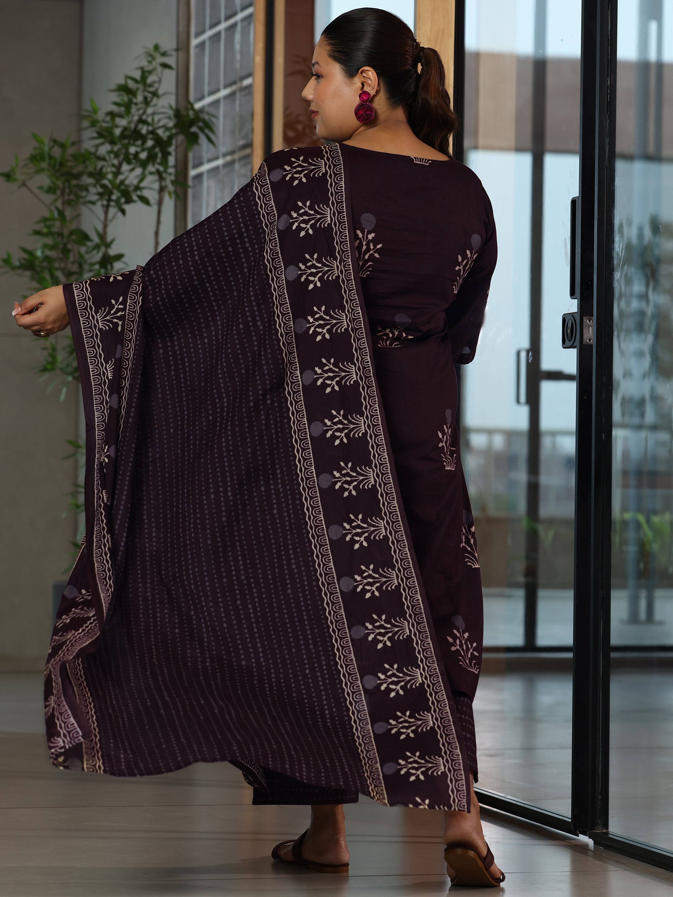 Plus Size Brown Printed Cotton Straight Suit With Dupatta