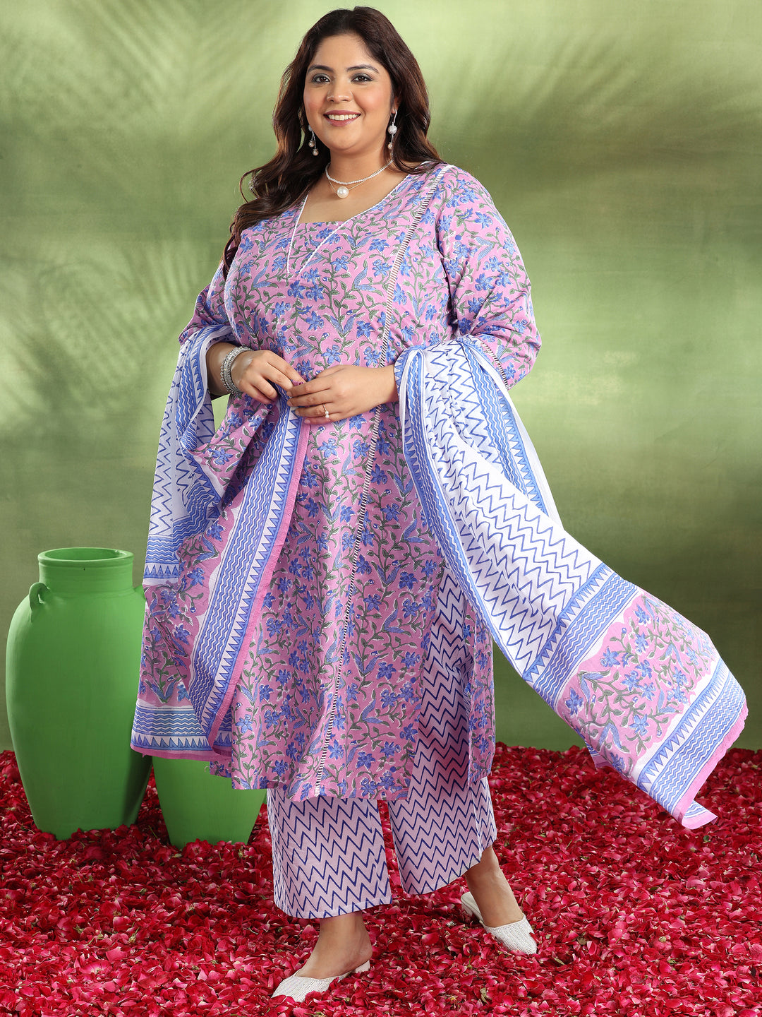 Plus Size Purple Printed Cotton Straight Suit With Dupatta