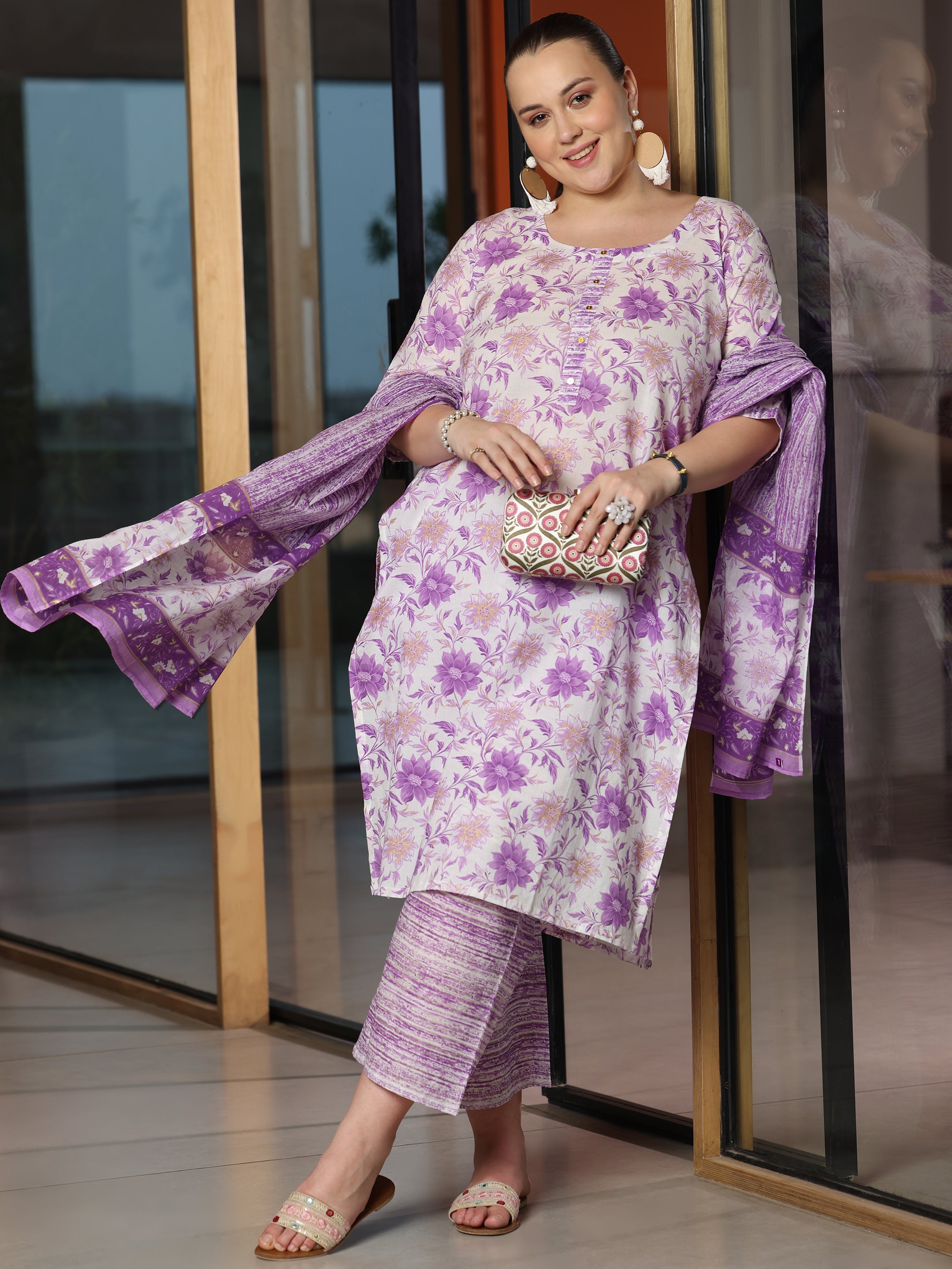 Plus Size Purple Printed Cotton Straight Suit With Dupatta