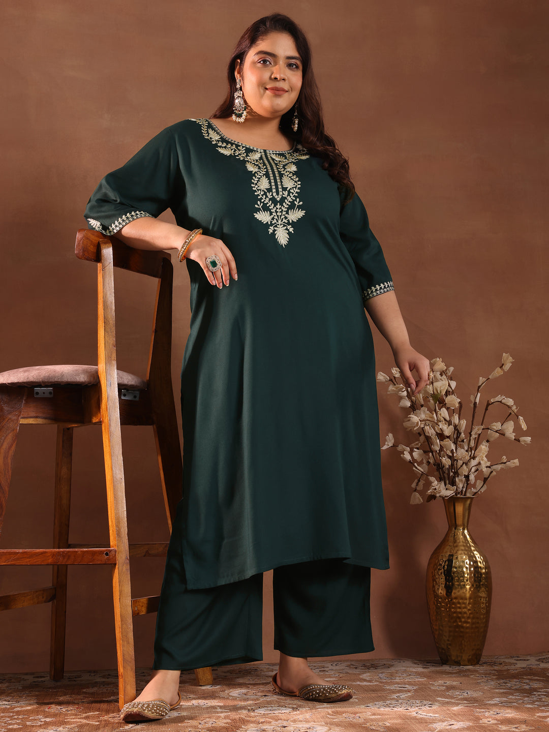 Plus Size Green Yoke Design Rayon Straight Kurta Set