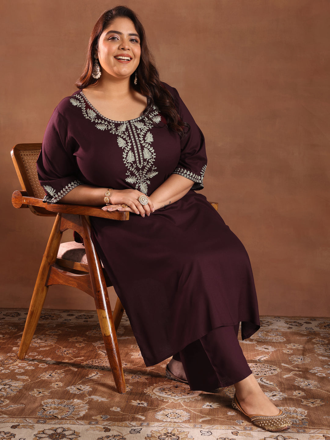 Plus Size Burgundy Yoke Design Rayon Straight Kurta Set