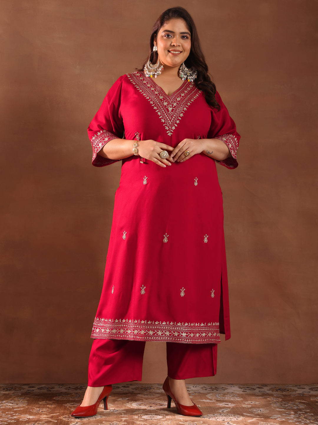 Plus Size Red Embroidered Rayon Straight Kurta Set