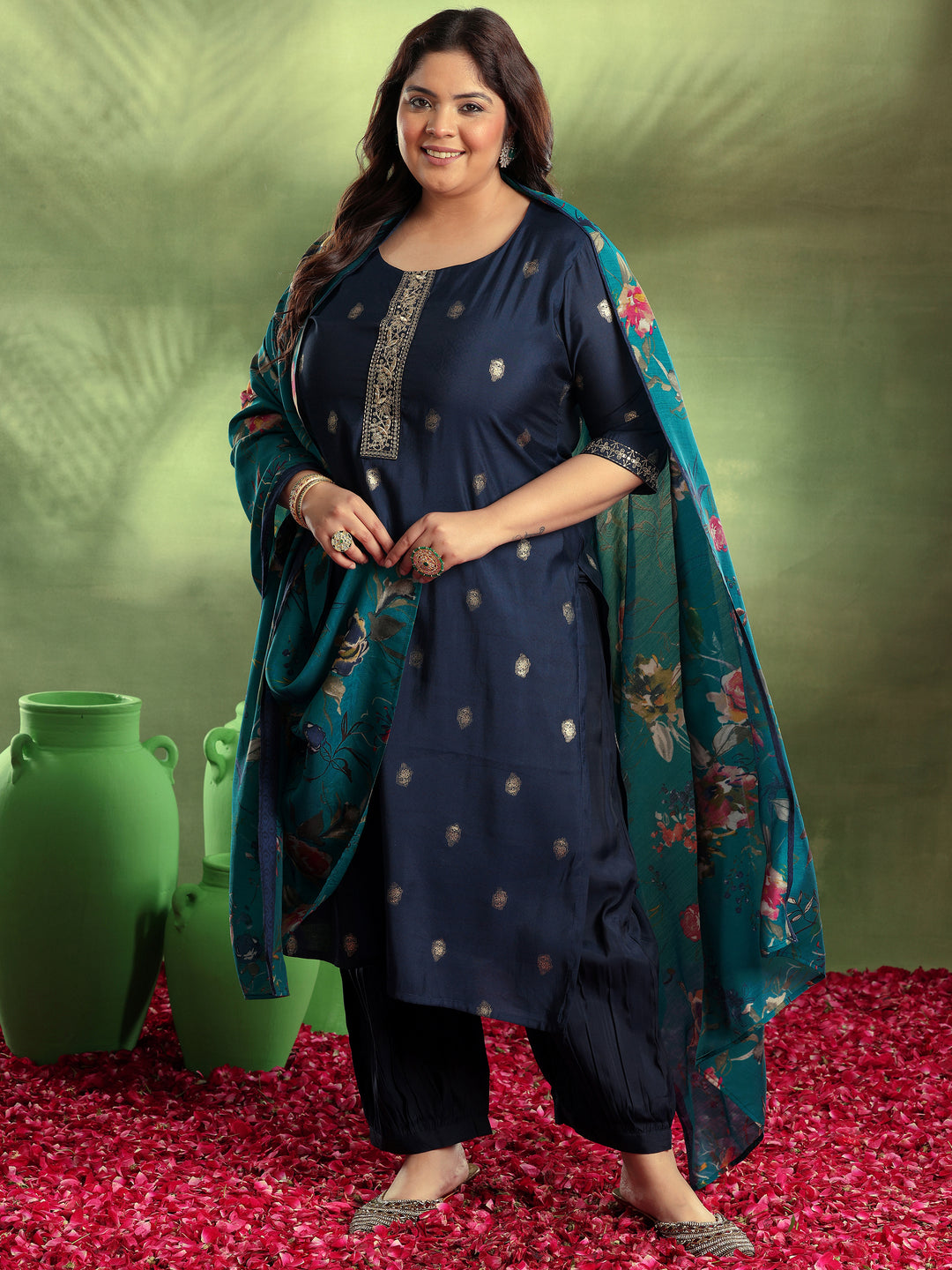 Plus Size Blue Printed Silk Blend Straight Suit With Dupatta