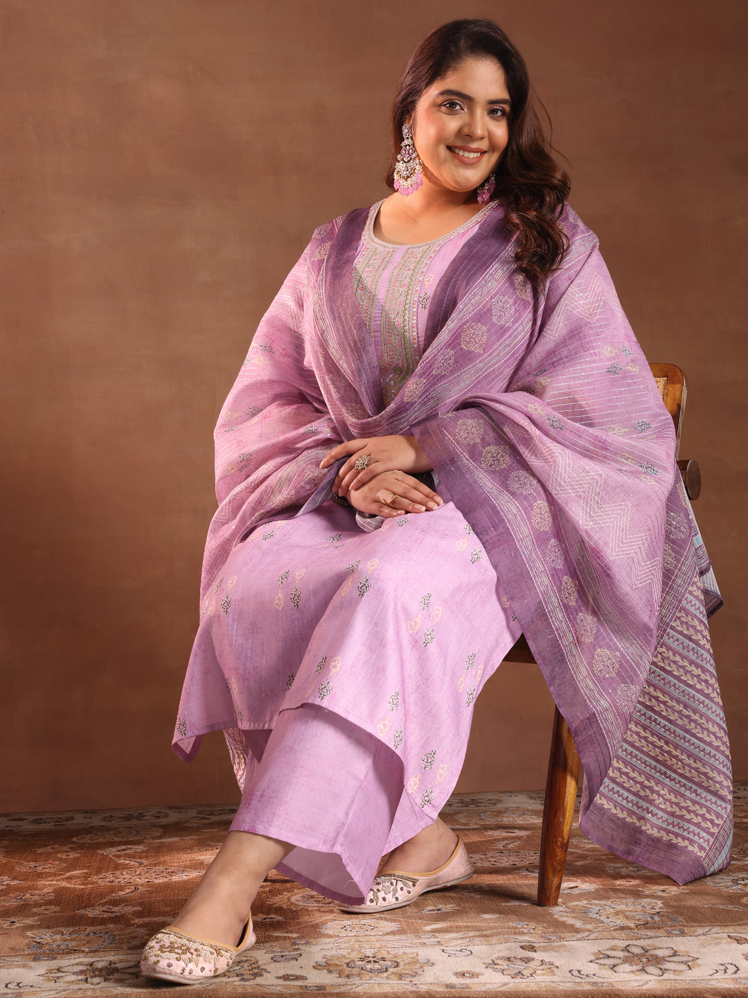 Plus Size Lavender Printed Silk Blend Straight Suit With Dupatta