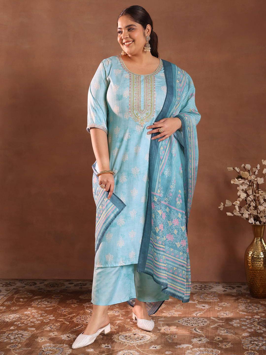 Plus Size Blue Printed Silk Blend Straight Suit With Dupatta