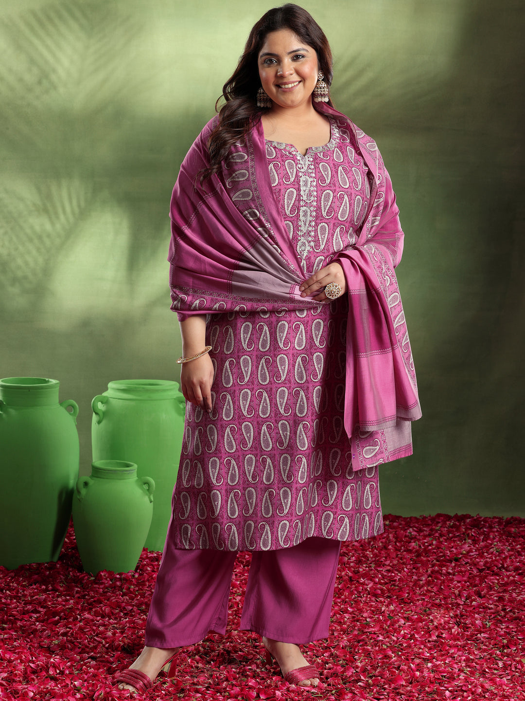 Plus Size Pink Printed Silk Blend Straight Suit With Dupatta