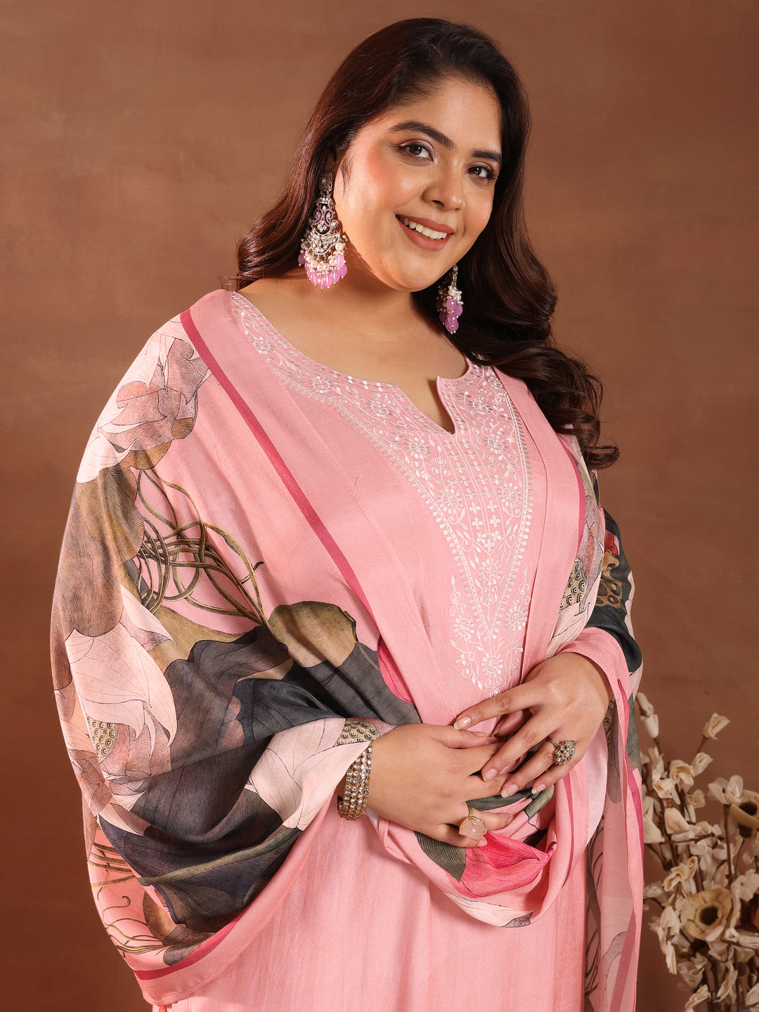 Plus Size Pink Yoke Design Silk Blend Straight Suit With Dupatta