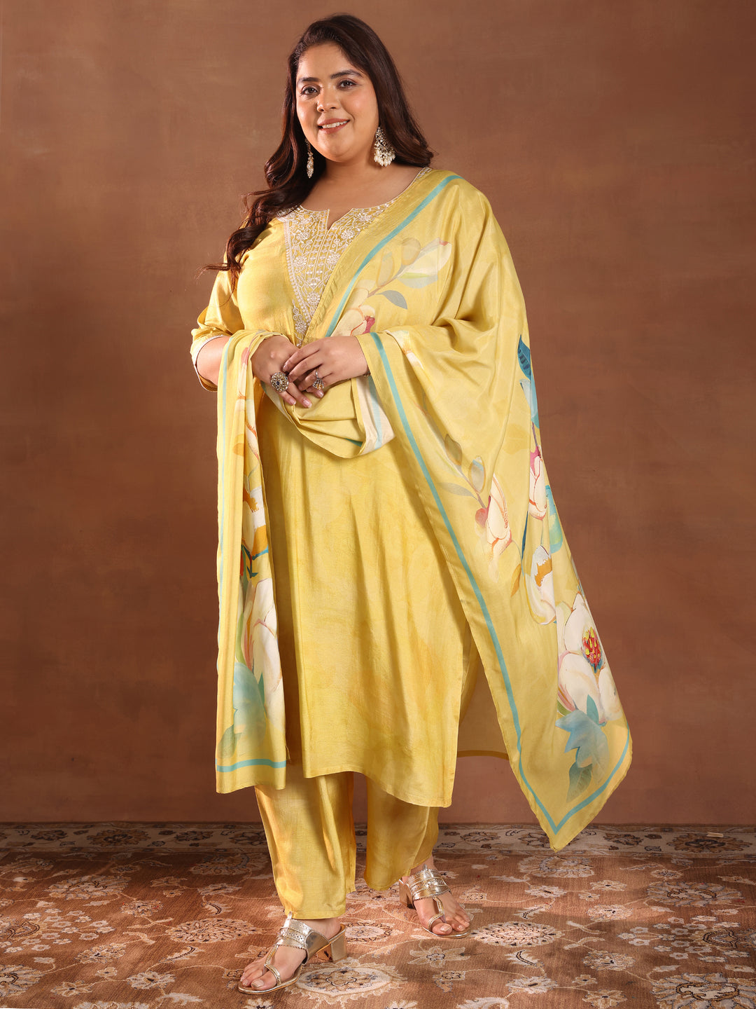 Plus Size Yellow Yoke Design Silk Blend Straight Suit With Dupatta