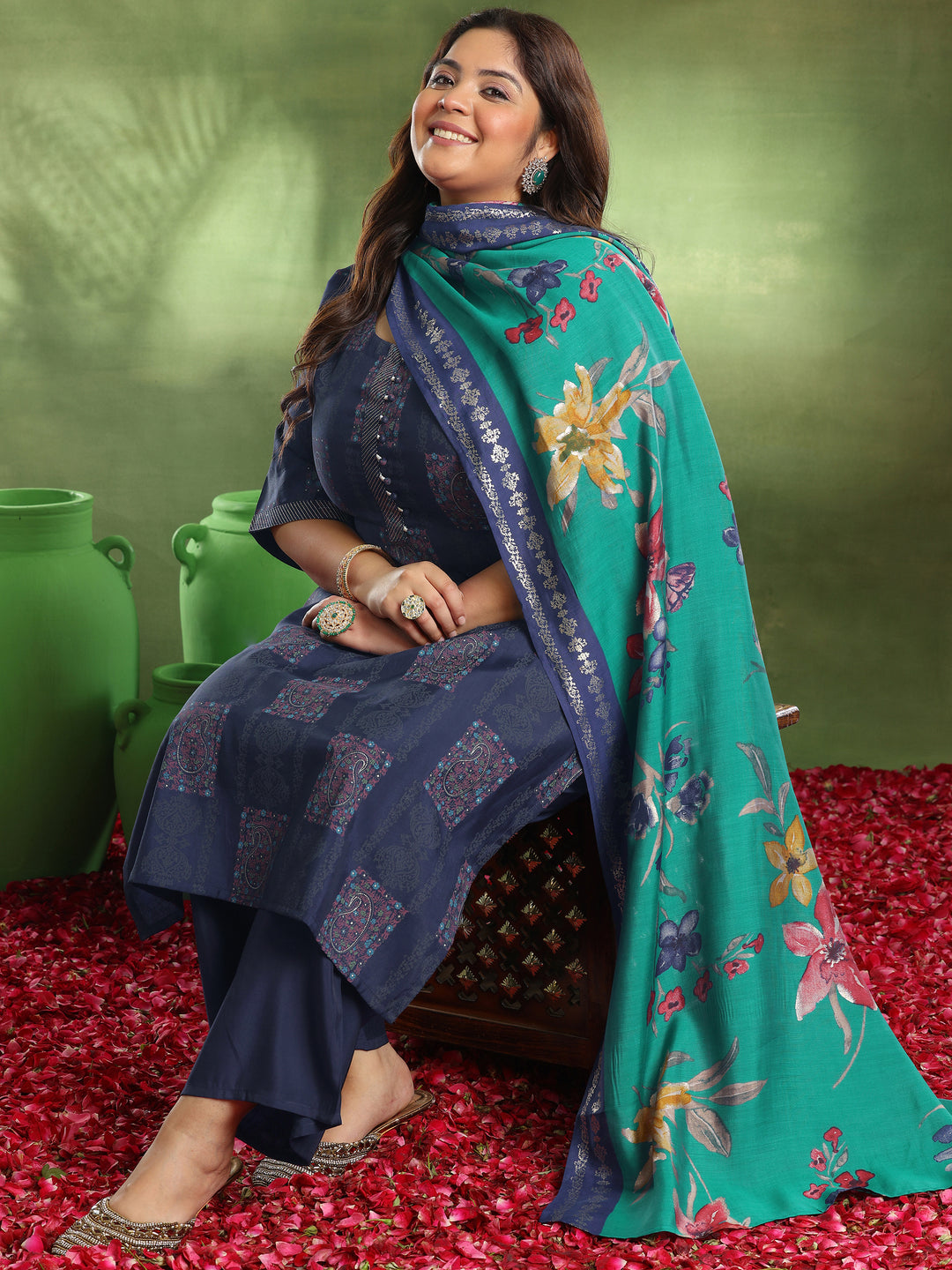 Plus Size Blue Printed Silk Blend Straight Suit With Dupatta