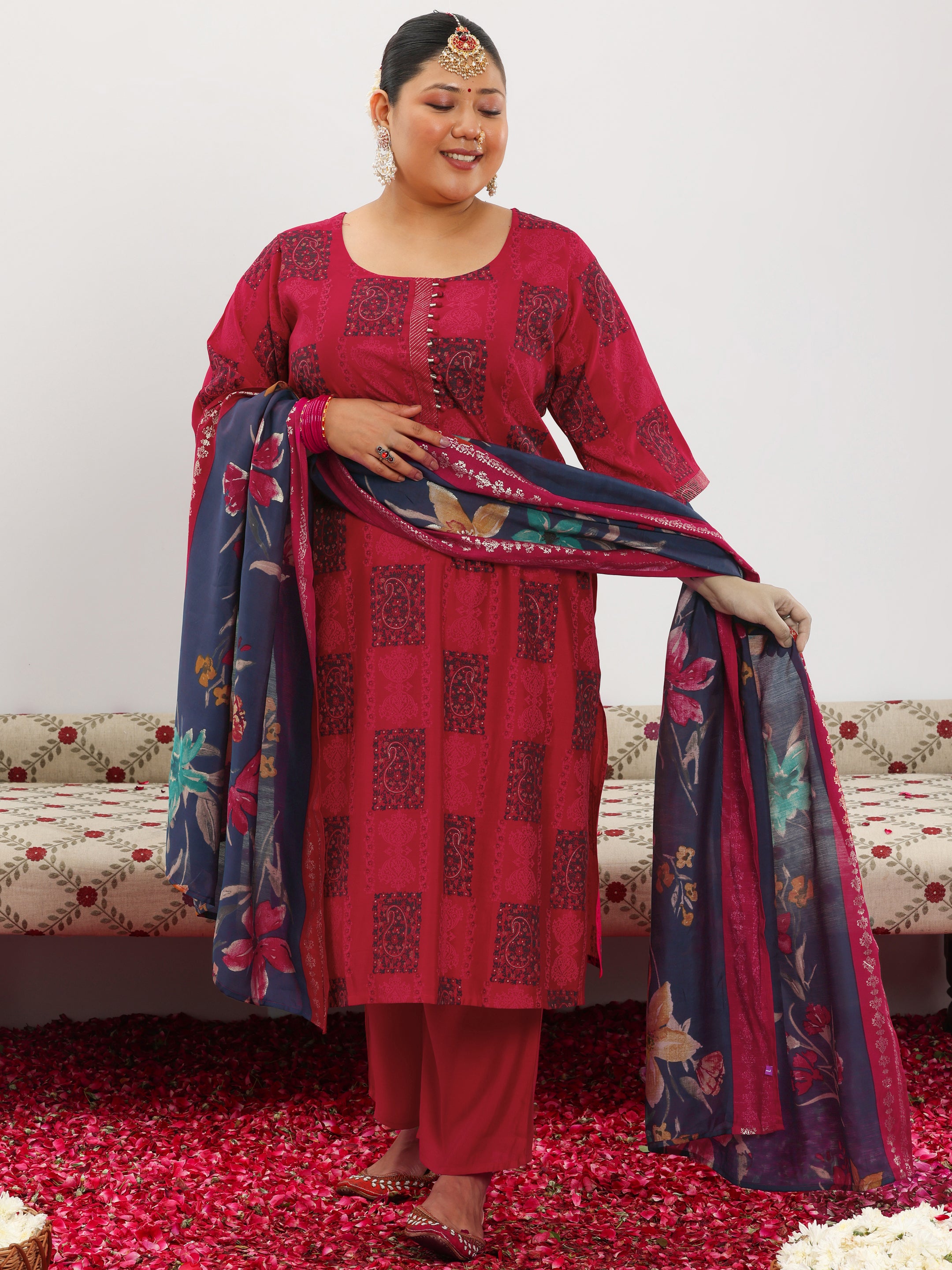 Plus Size Red Printed Silk Blend Straight Suit With Dupatta