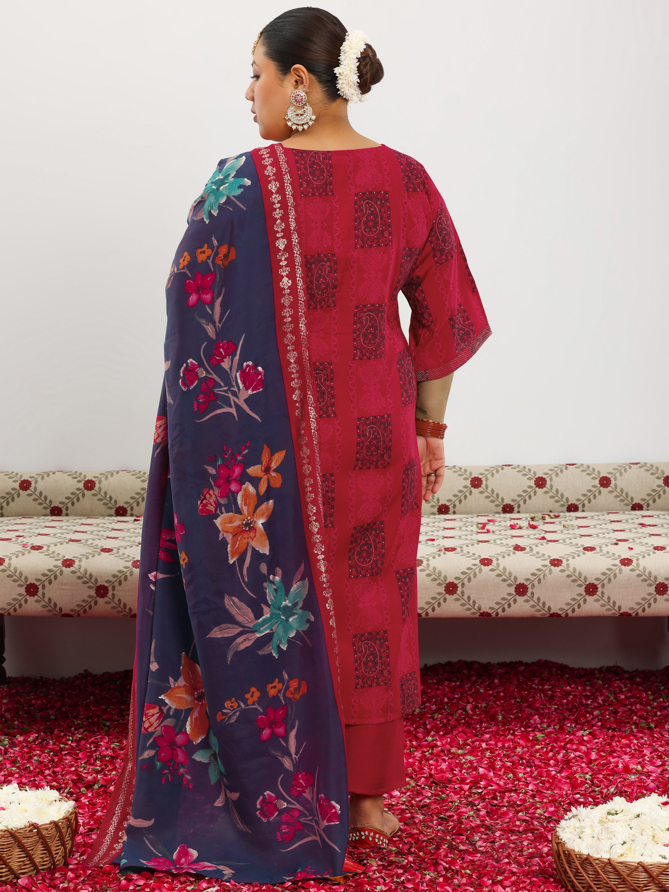 Plus Size Red Printed Silk Blend Straight Suit With Dupatta