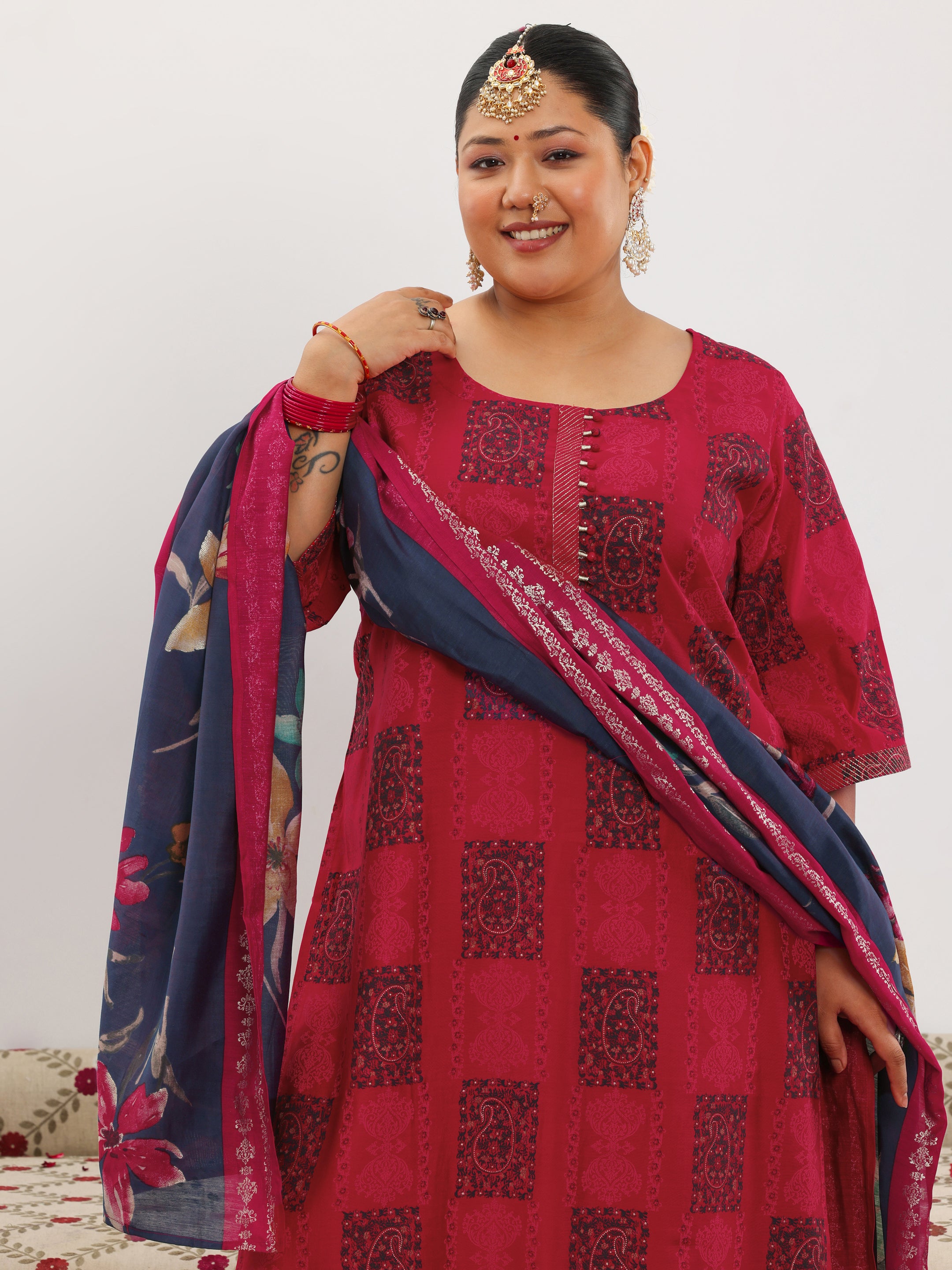 Plus Size Red Printed Silk Blend Straight Suit With Dupatta