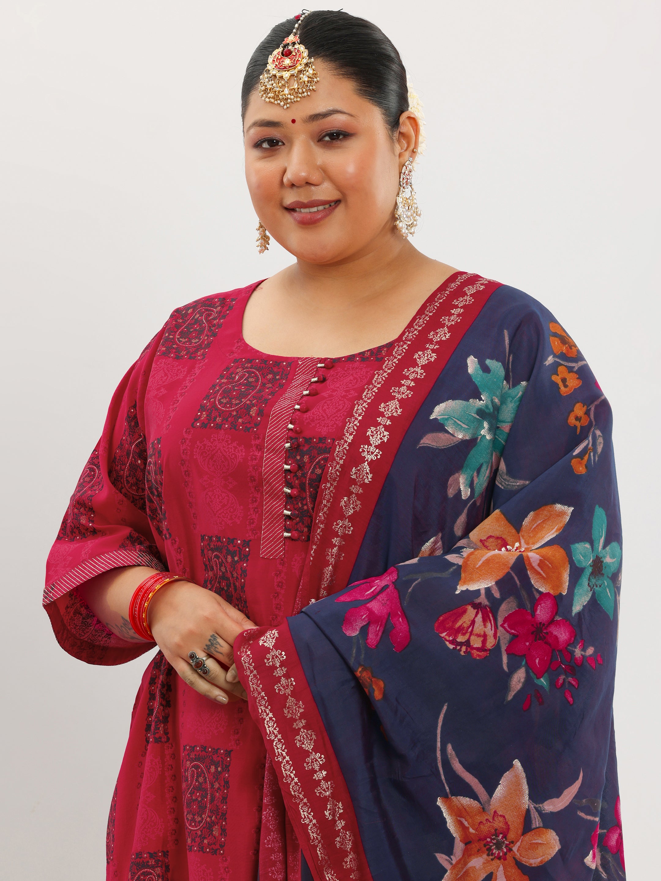 Plus Size Red Printed Silk Blend Straight Suit With Dupatta