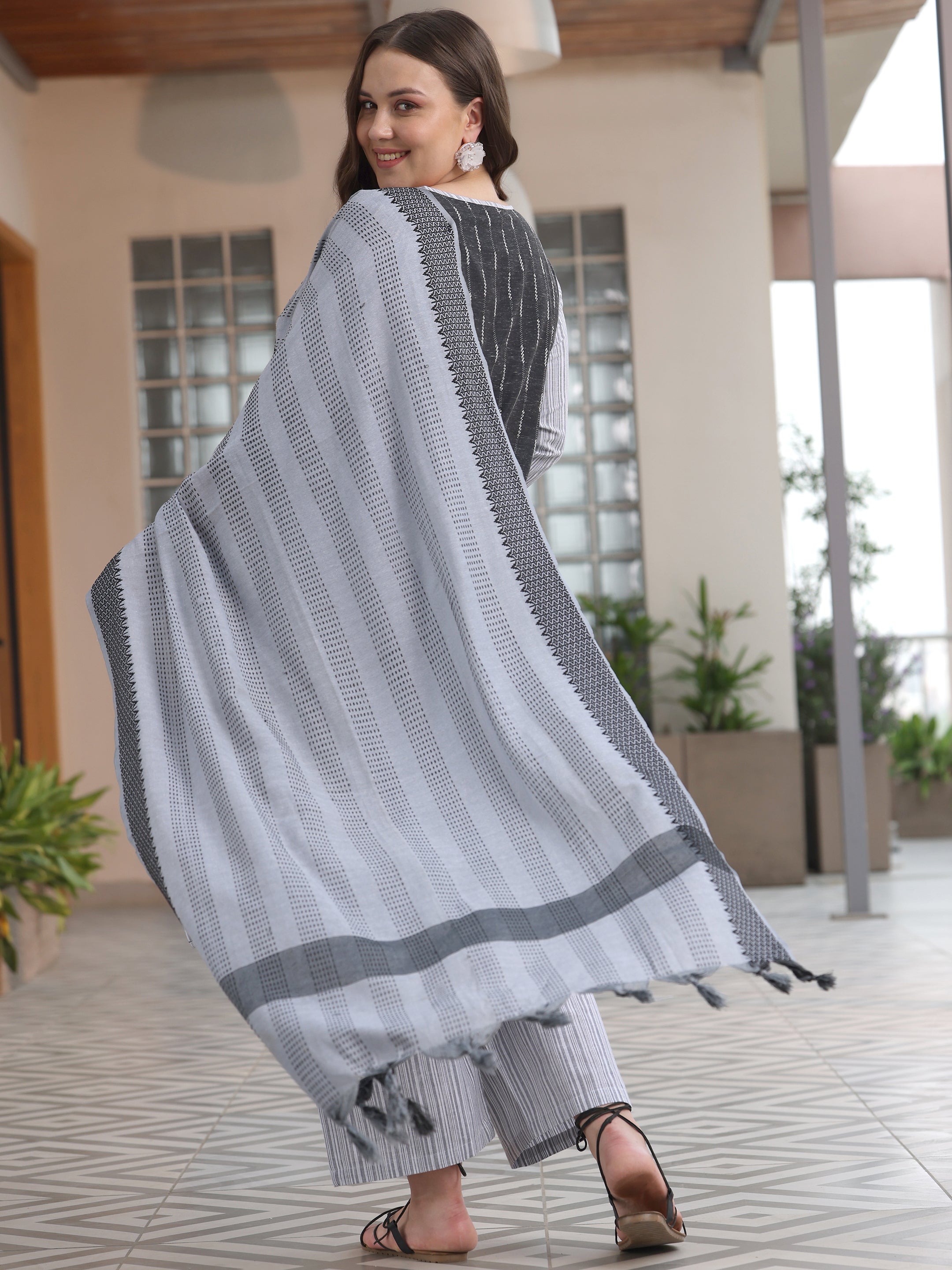 Plus Size Grey Self Design Cotton Blend Straight Suit With Dupatta