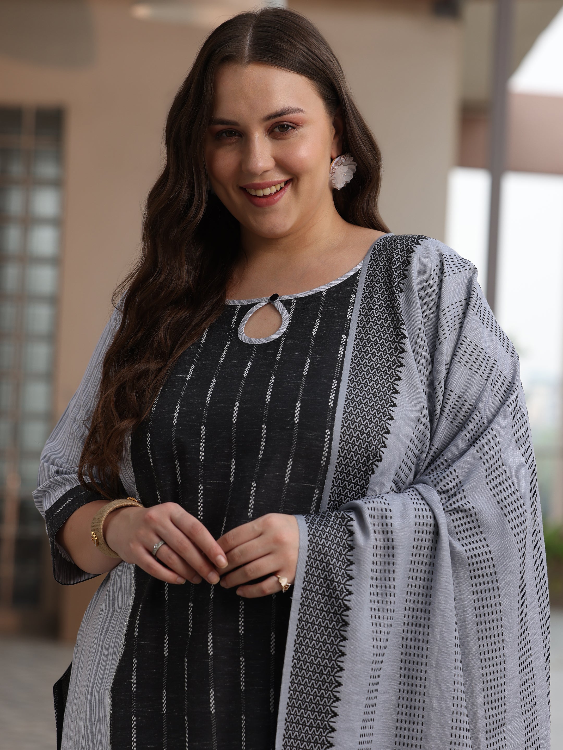 Plus Size Grey Self Design Cotton Blend Straight Suit With Dupatta