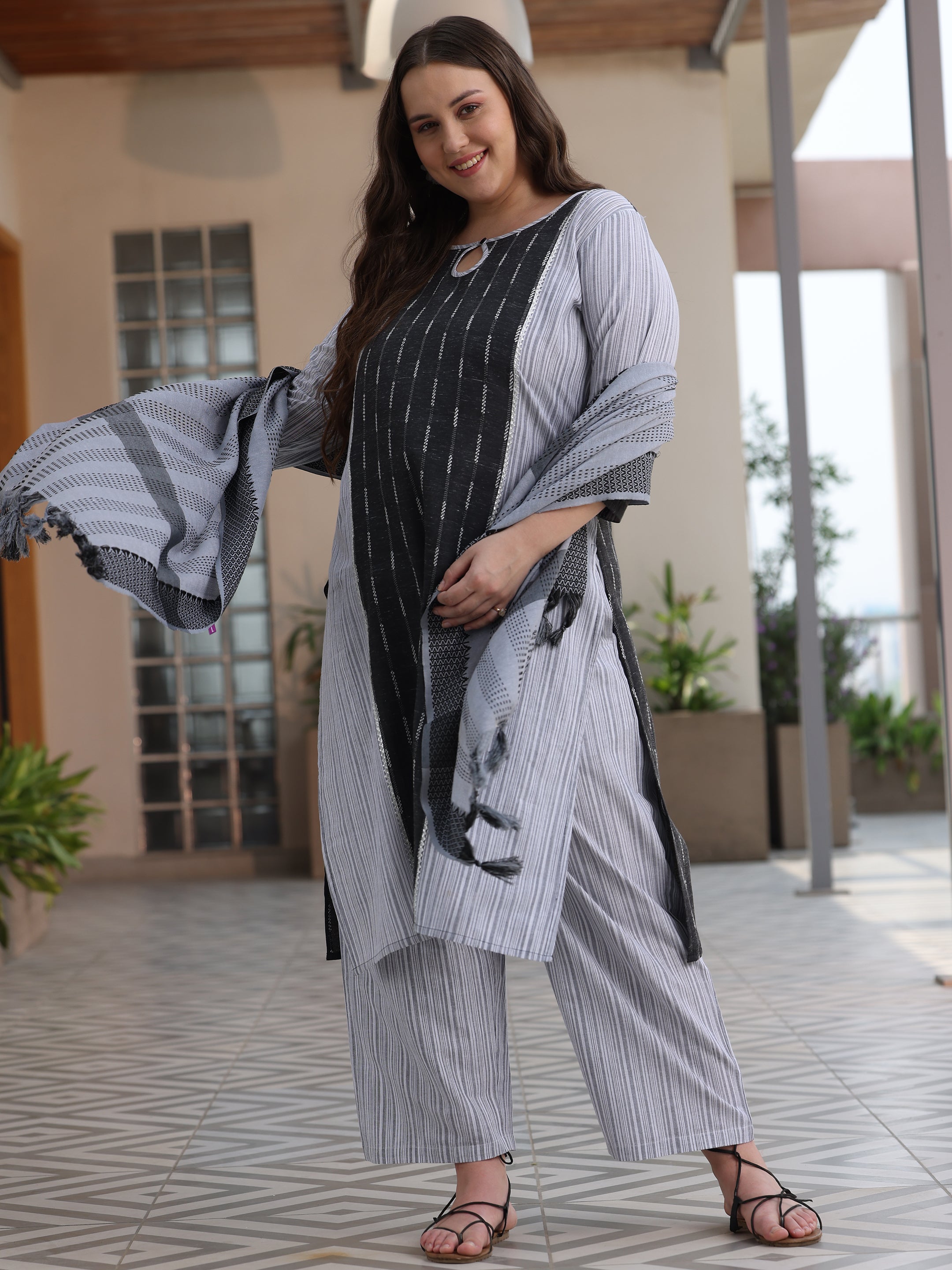 Plus Size Grey Self Design Cotton Blend Straight Suit With Dupatta