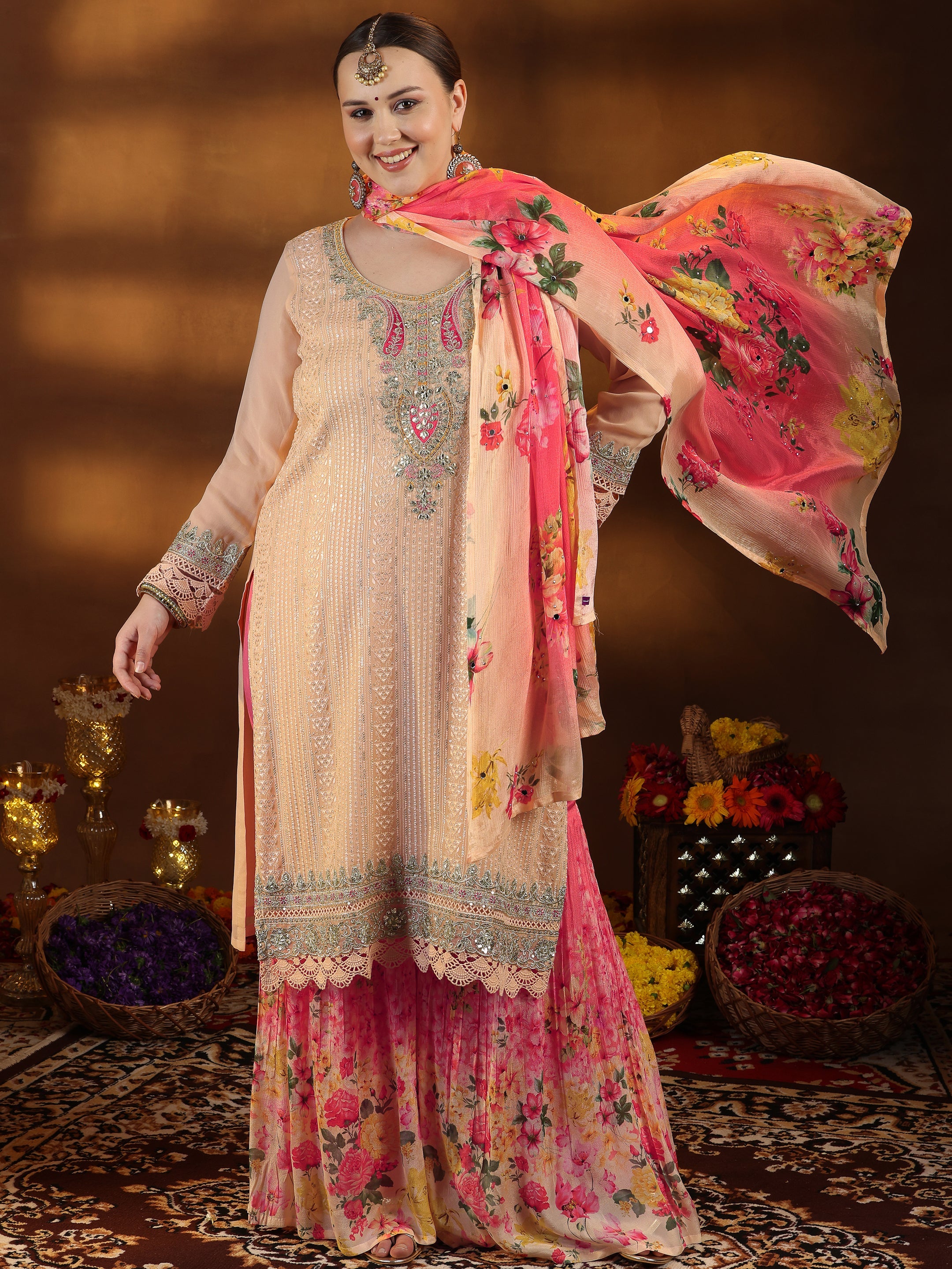 Plus Size Peach Embroidered Silk Blend Straight Suit With Dupatta