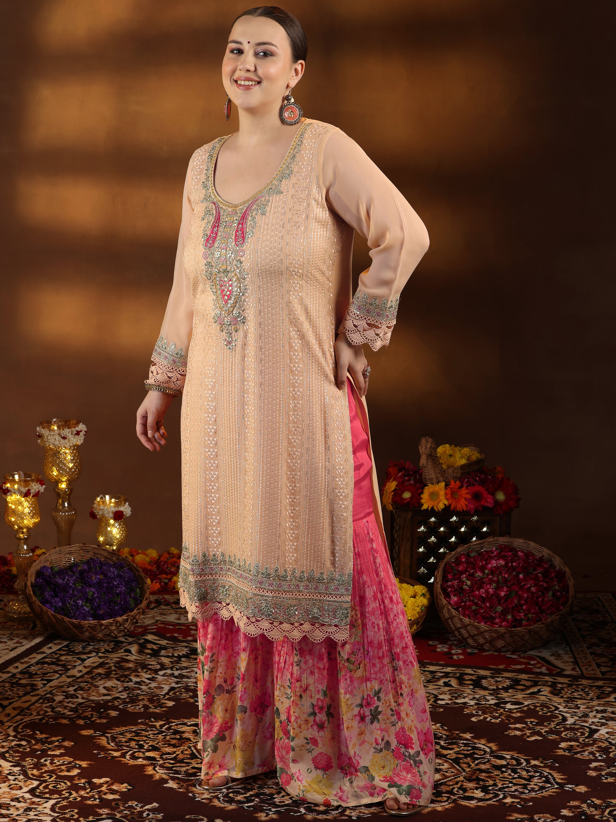 Plus Size Peach Embroidered Silk Blend Straight Suit With Dupatta