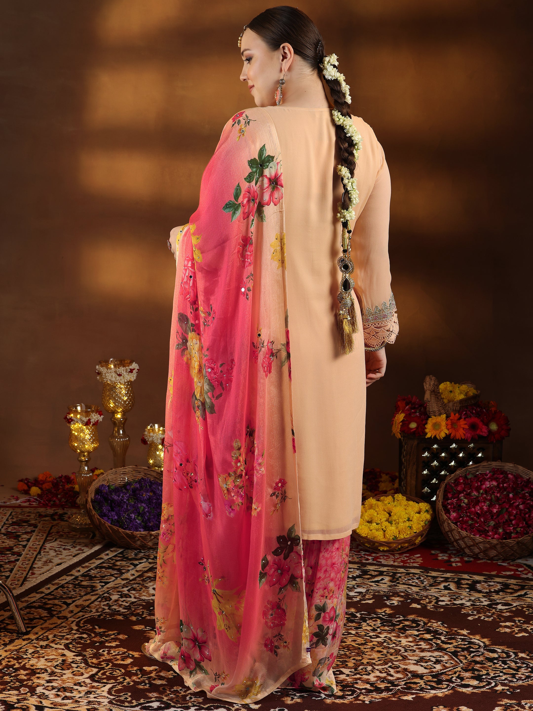 Plus Size Peach Embroidered Silk Blend Straight Suit With Dupatta