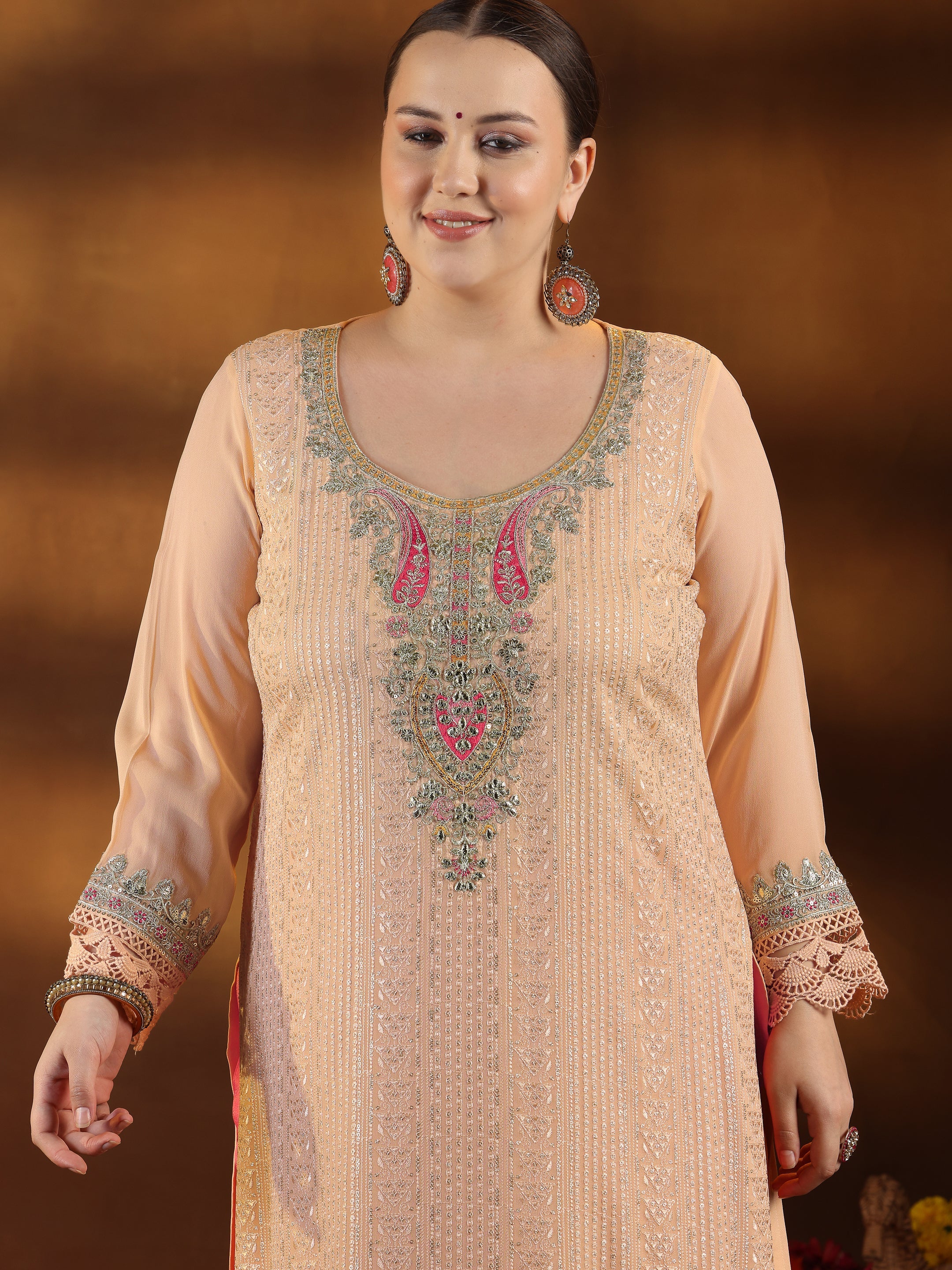 Plus Size Peach Embroidered Silk Blend Straight Suit With Dupatta