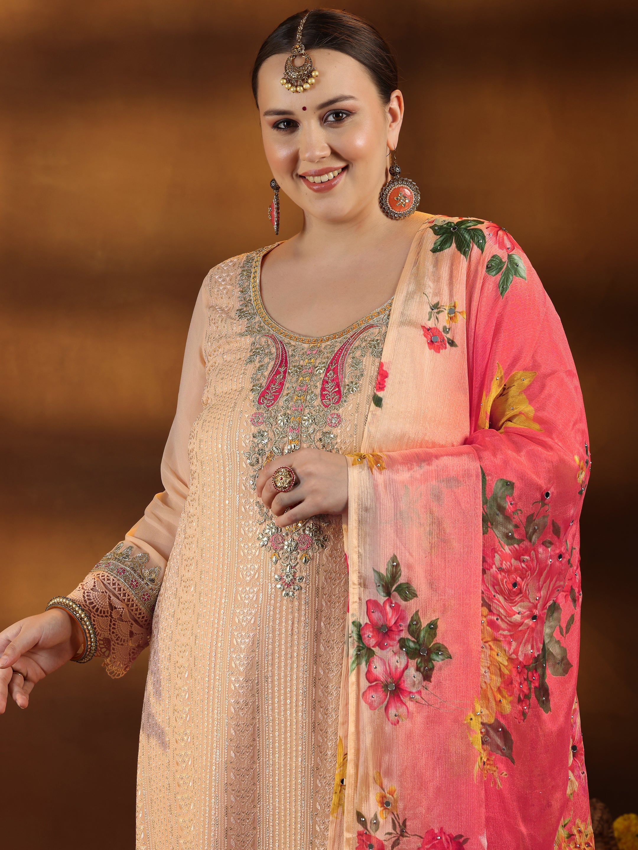 Plus Size Peach Embroidered Silk Blend Straight Suit With Dupatta