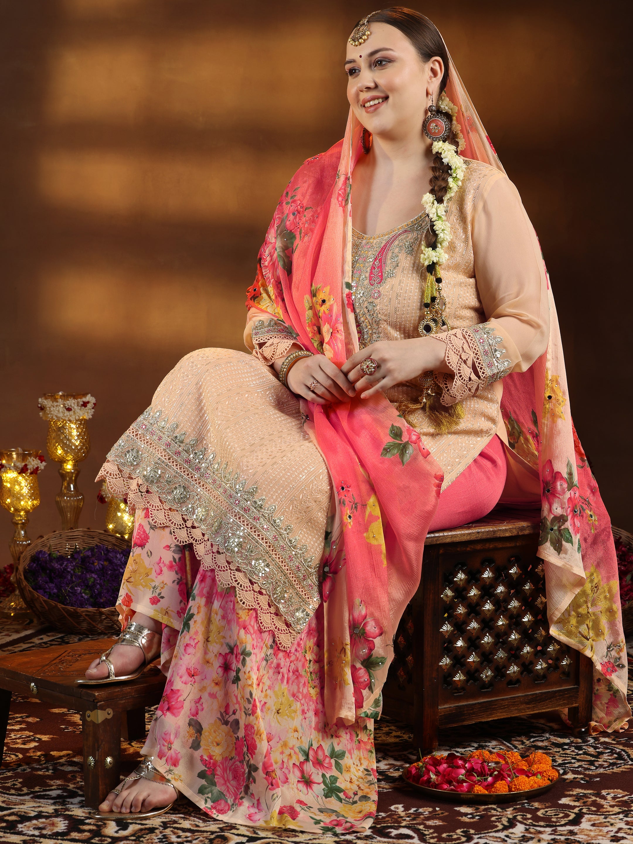 Plus Size Peach Embroidered Silk Blend Straight Suit With Dupatta