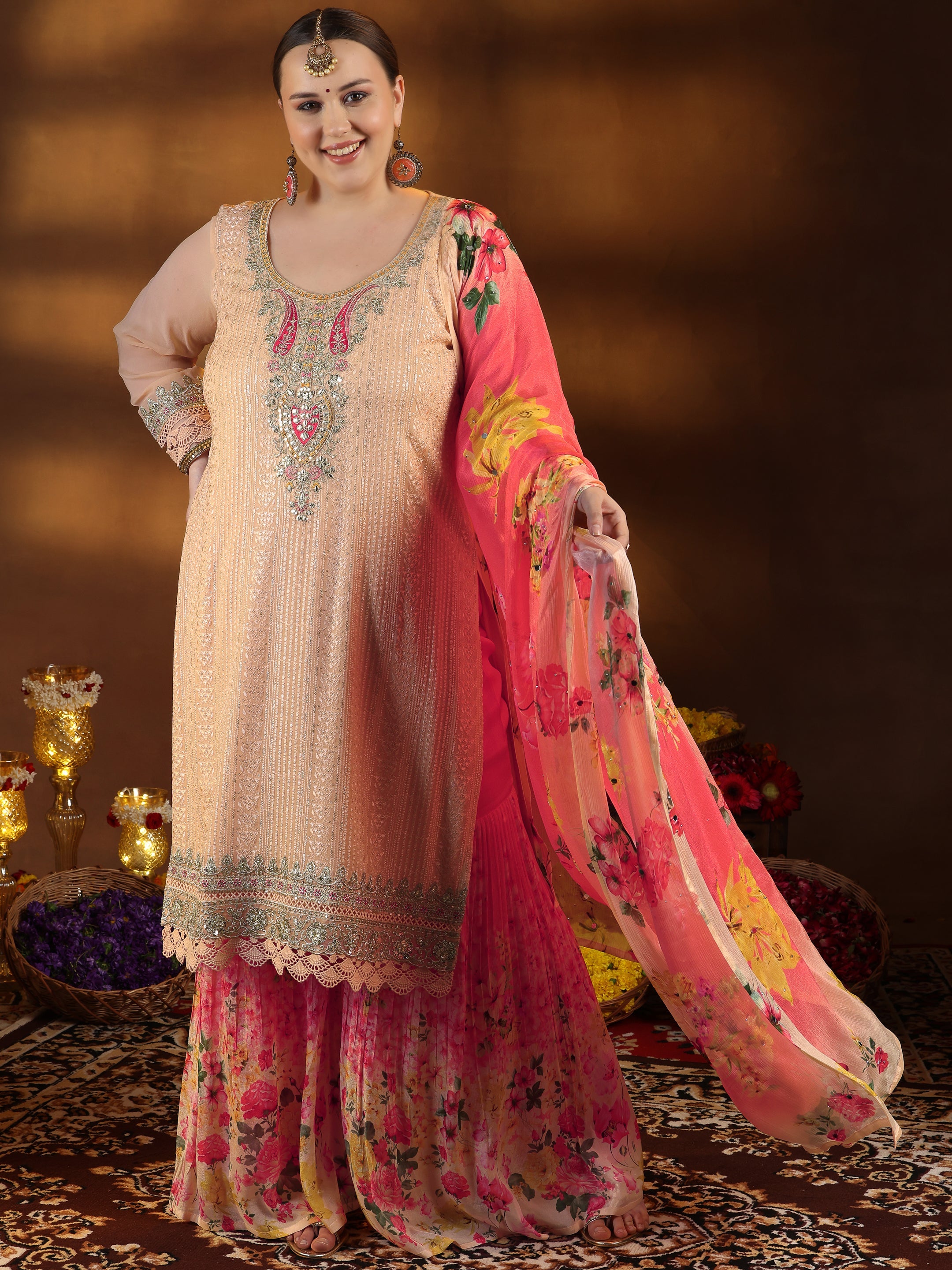 Plus Size Peach Embroidered Silk Blend Straight Suit With Dupatta