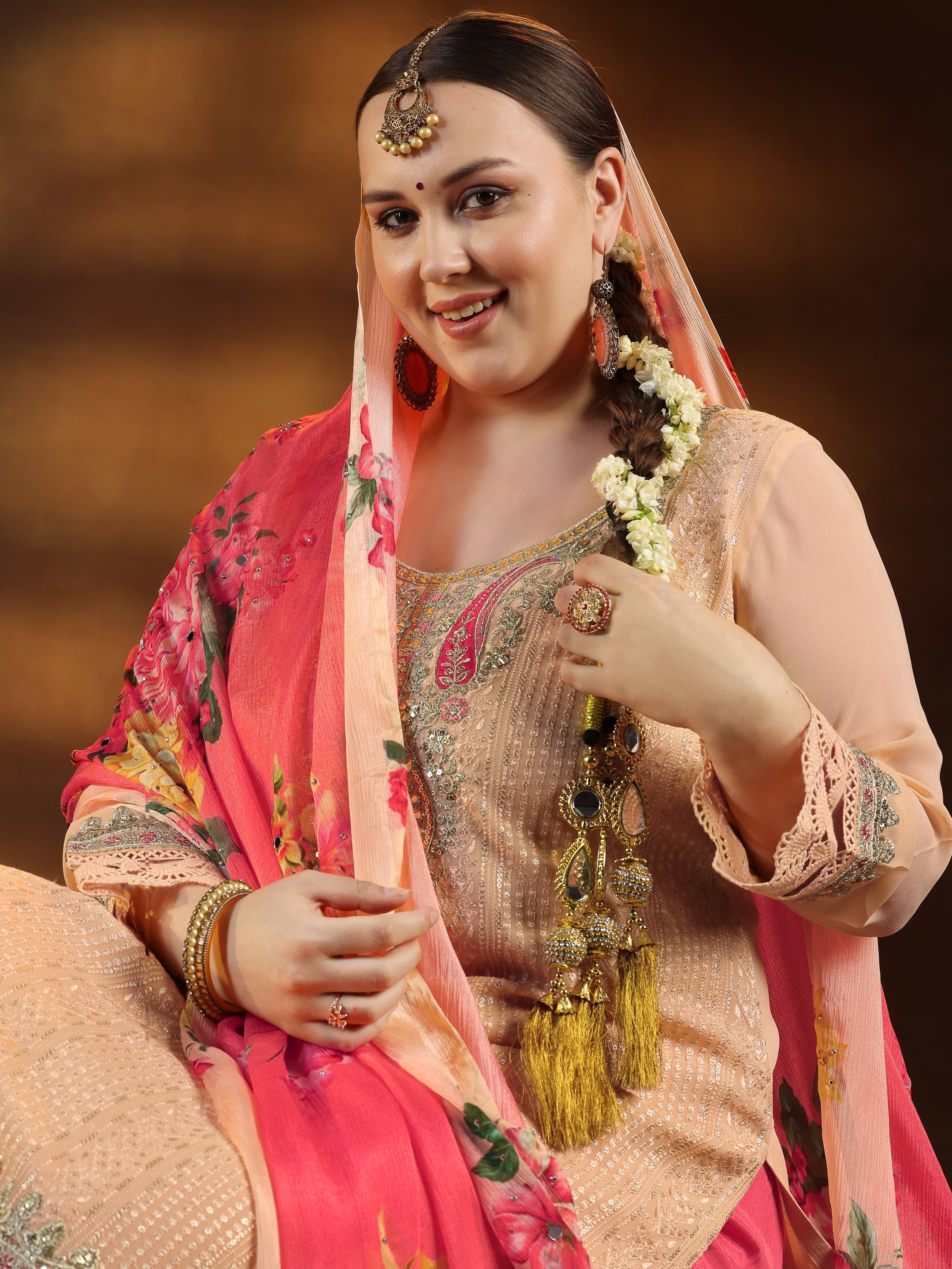 Plus Size Peach Embroidered Silk Blend Straight Suit With Dupatta