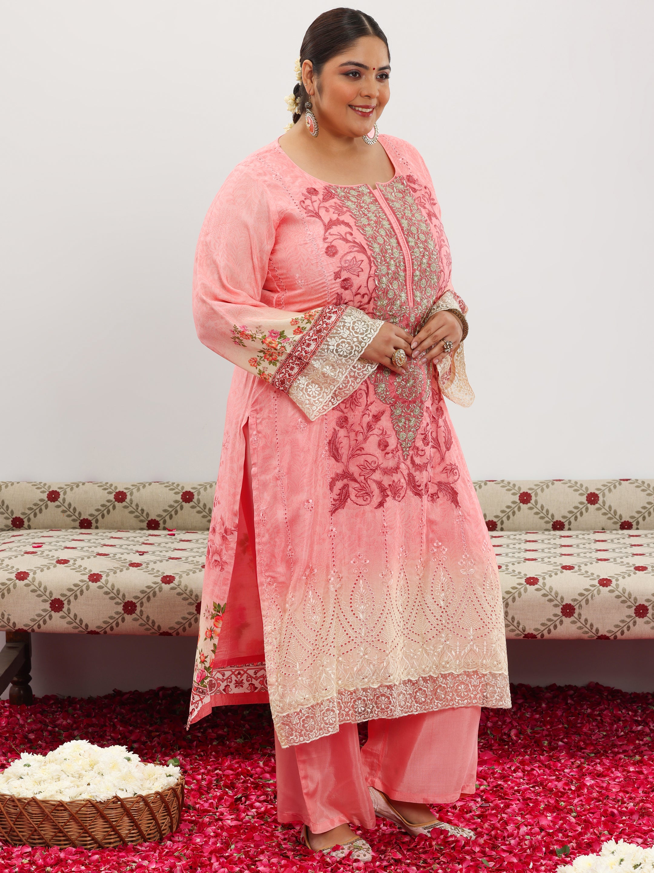 Plus Size Pink Embroidered Silk Blend Straight Suit With Dupatta