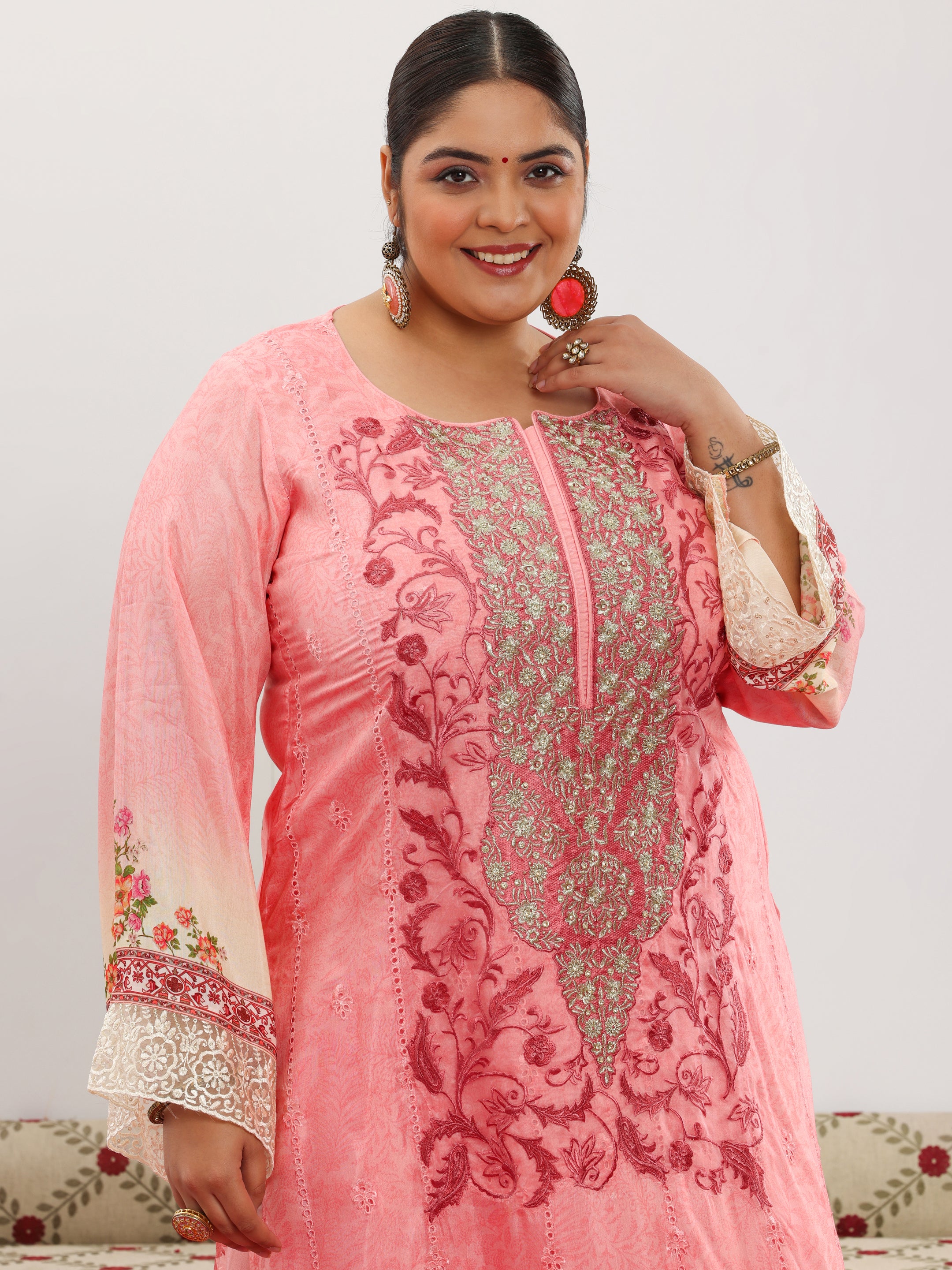 Plus Size Pink Embroidered Silk Blend Straight Suit With Dupatta