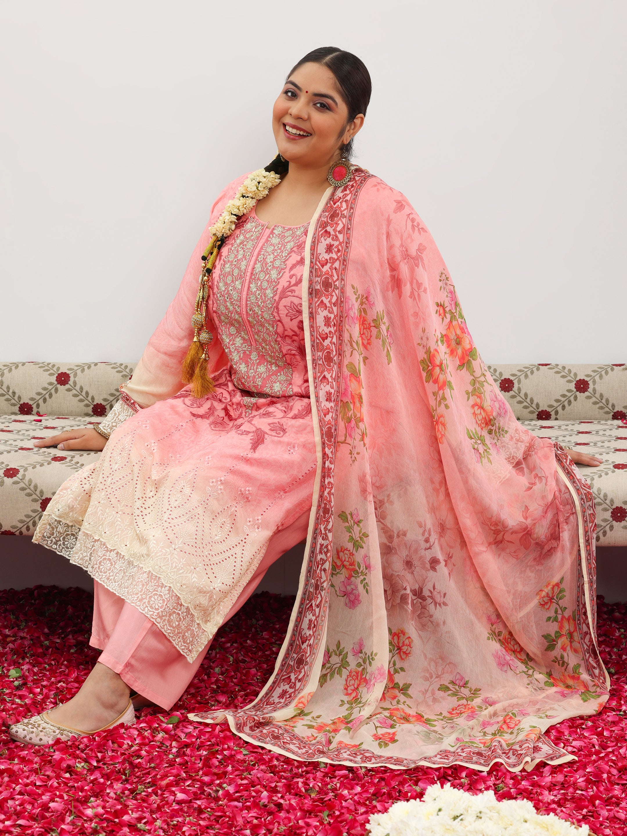 Plus Size Pink Embroidered Silk Blend Straight Suit With Dupatta