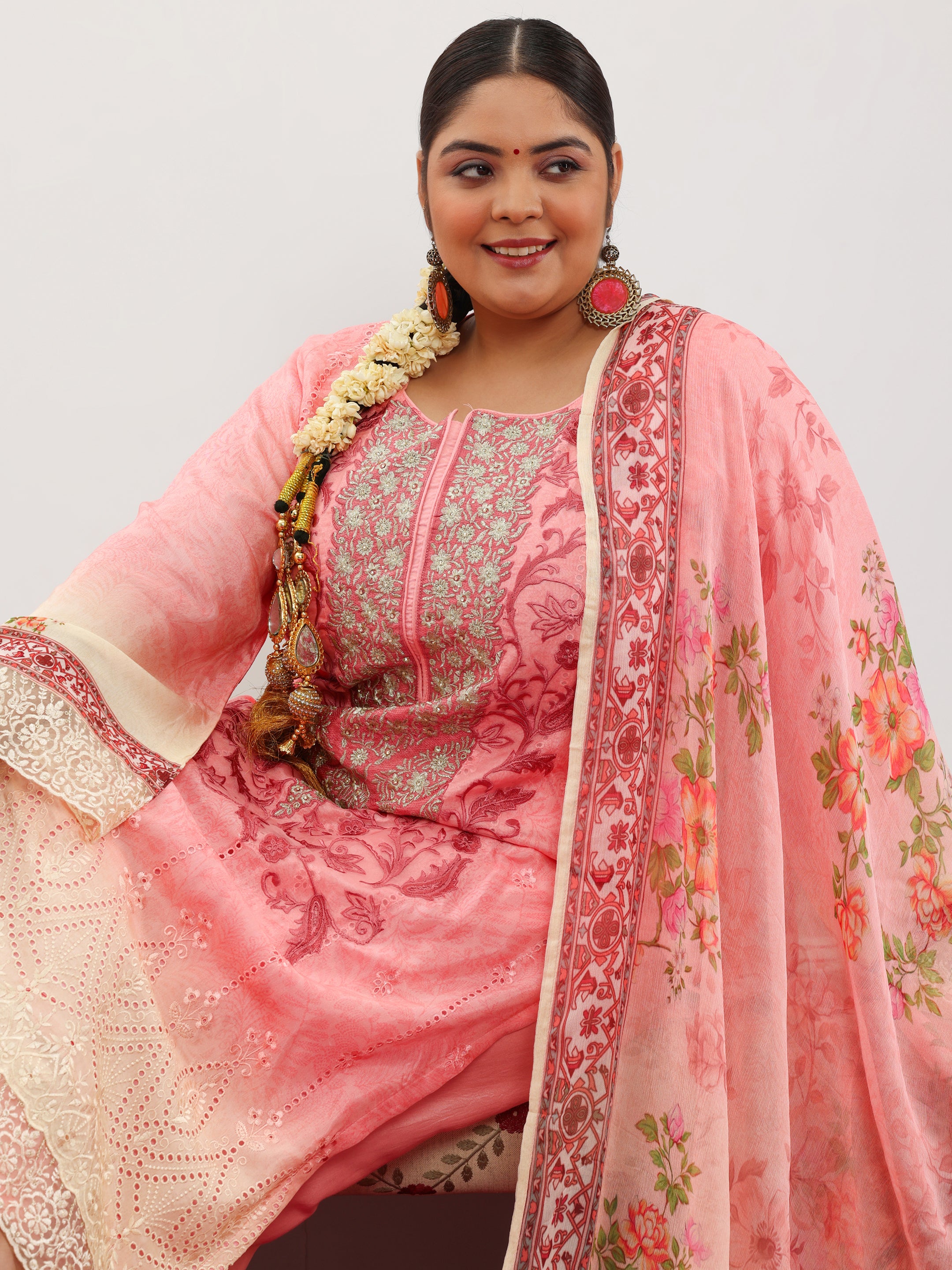 Plus Size Pink Embroidered Silk Blend Straight Suit With Dupatta