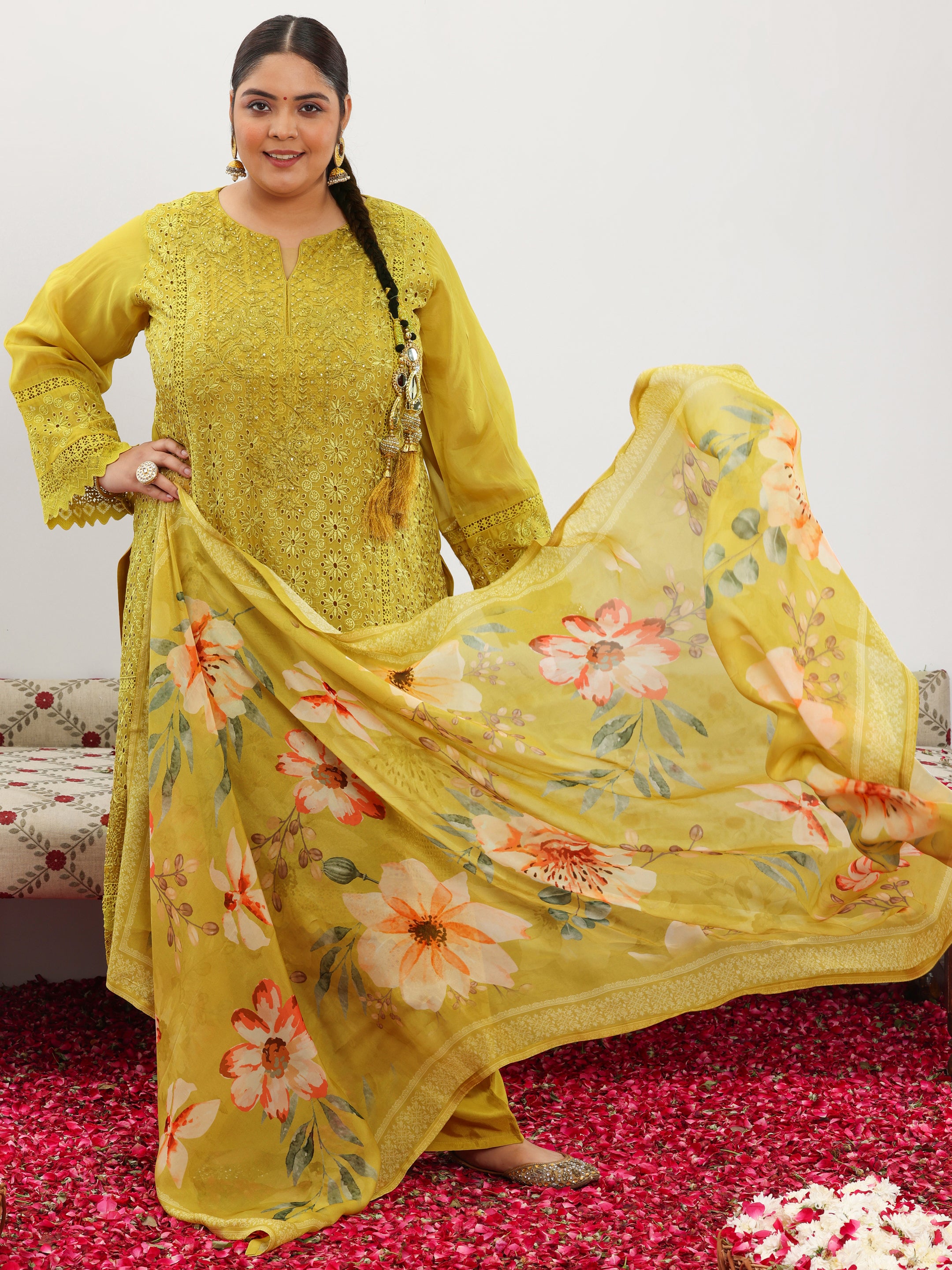 Plus Size Mustard Embroidered Organza Straight Suit With Dupatta