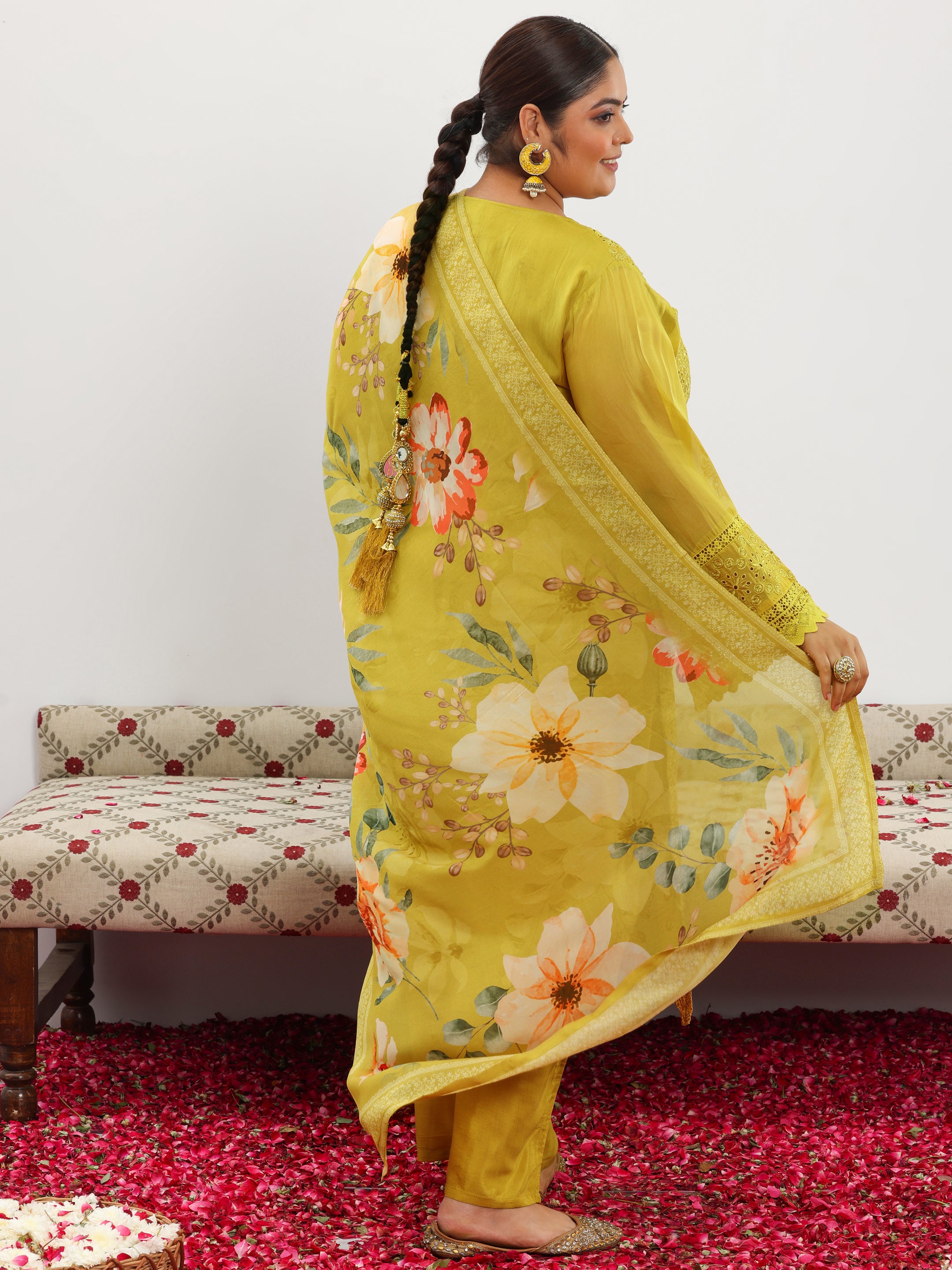 Plus Size Mustard Embroidered Organza Straight Suit With Dupatta