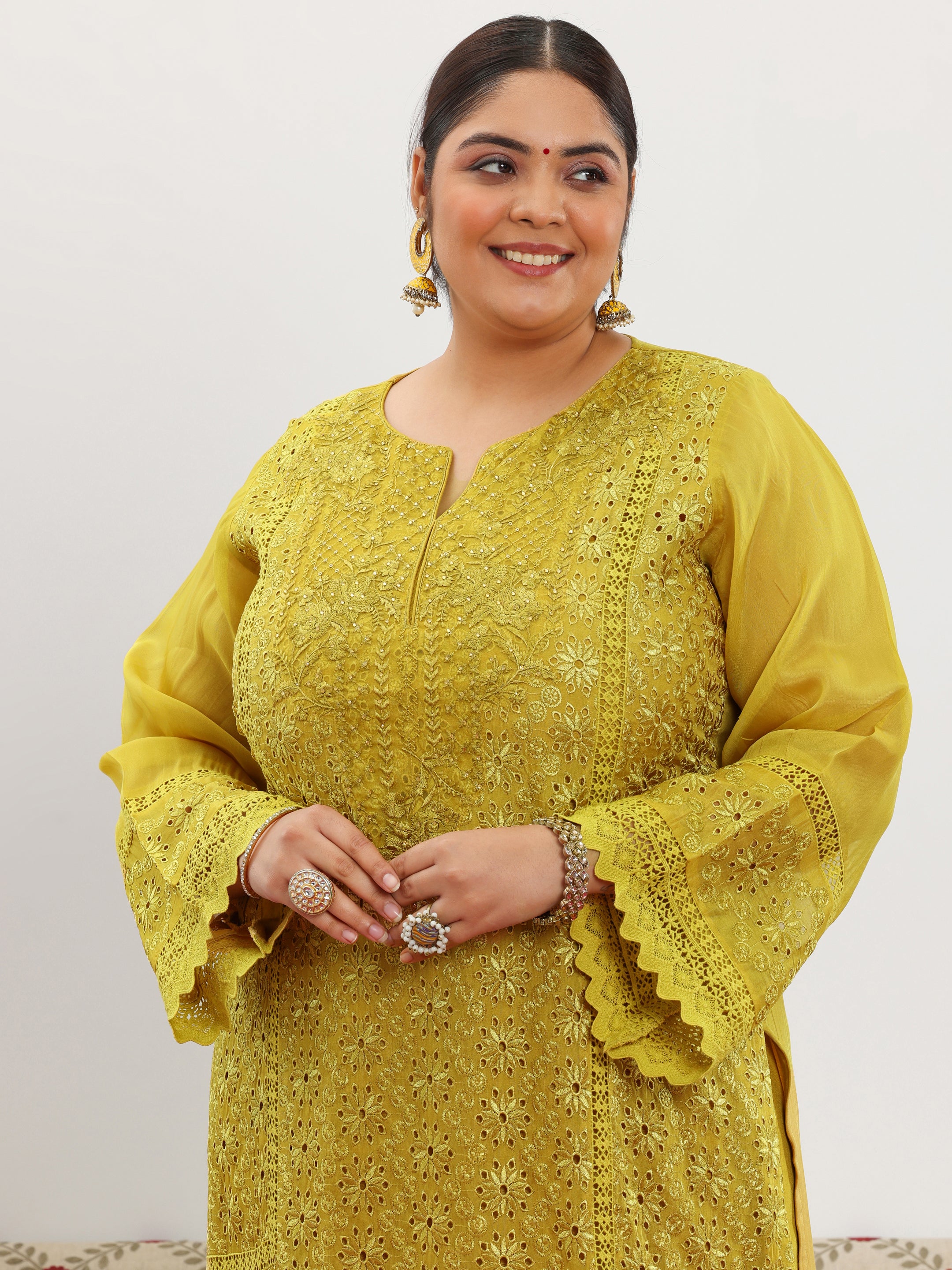 Plus Size Mustard Embroidered Organza Straight Suit With Dupatta