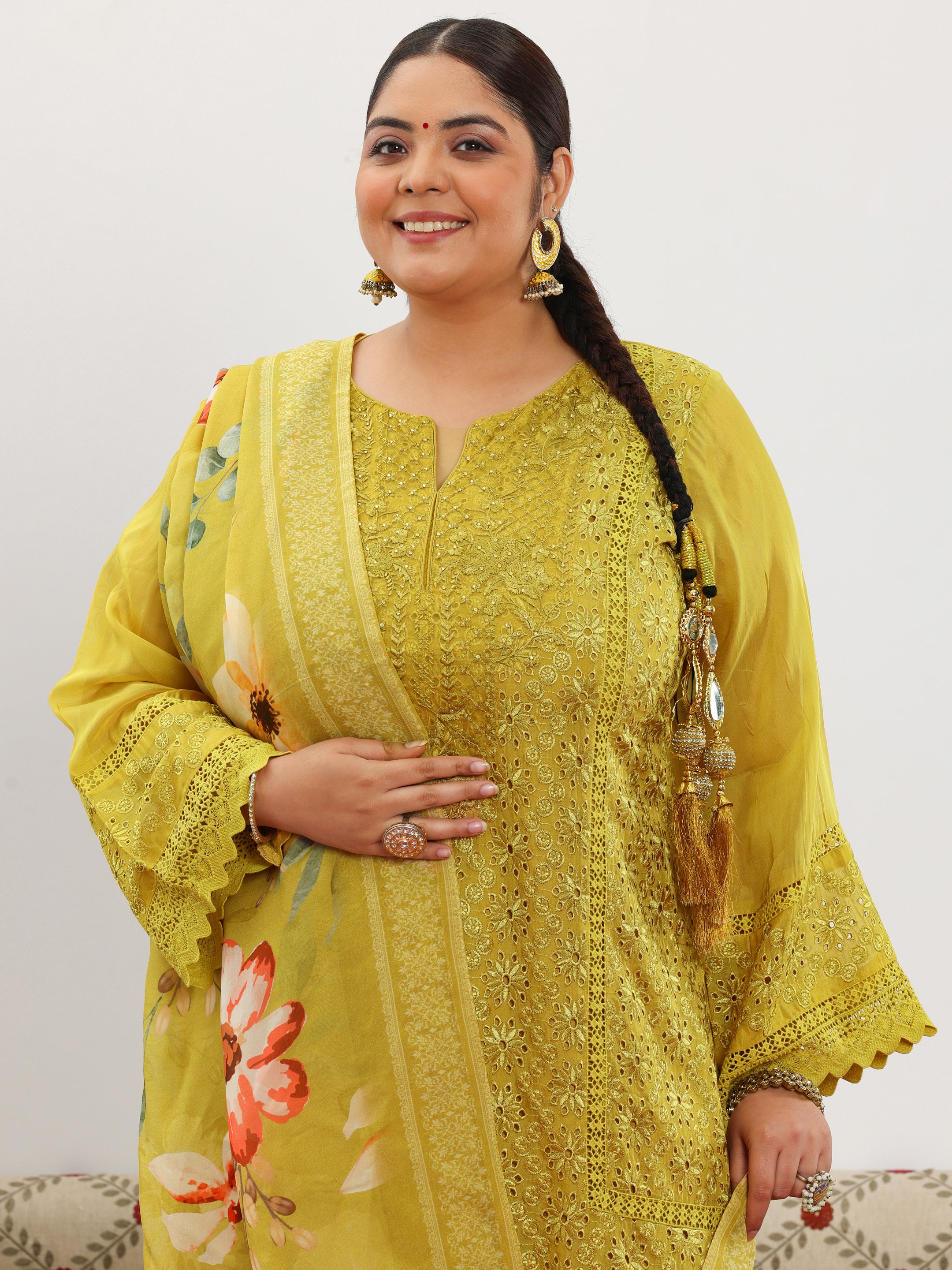 Plus Size Mustard Embroidered Organza Straight Suit With Dupatta