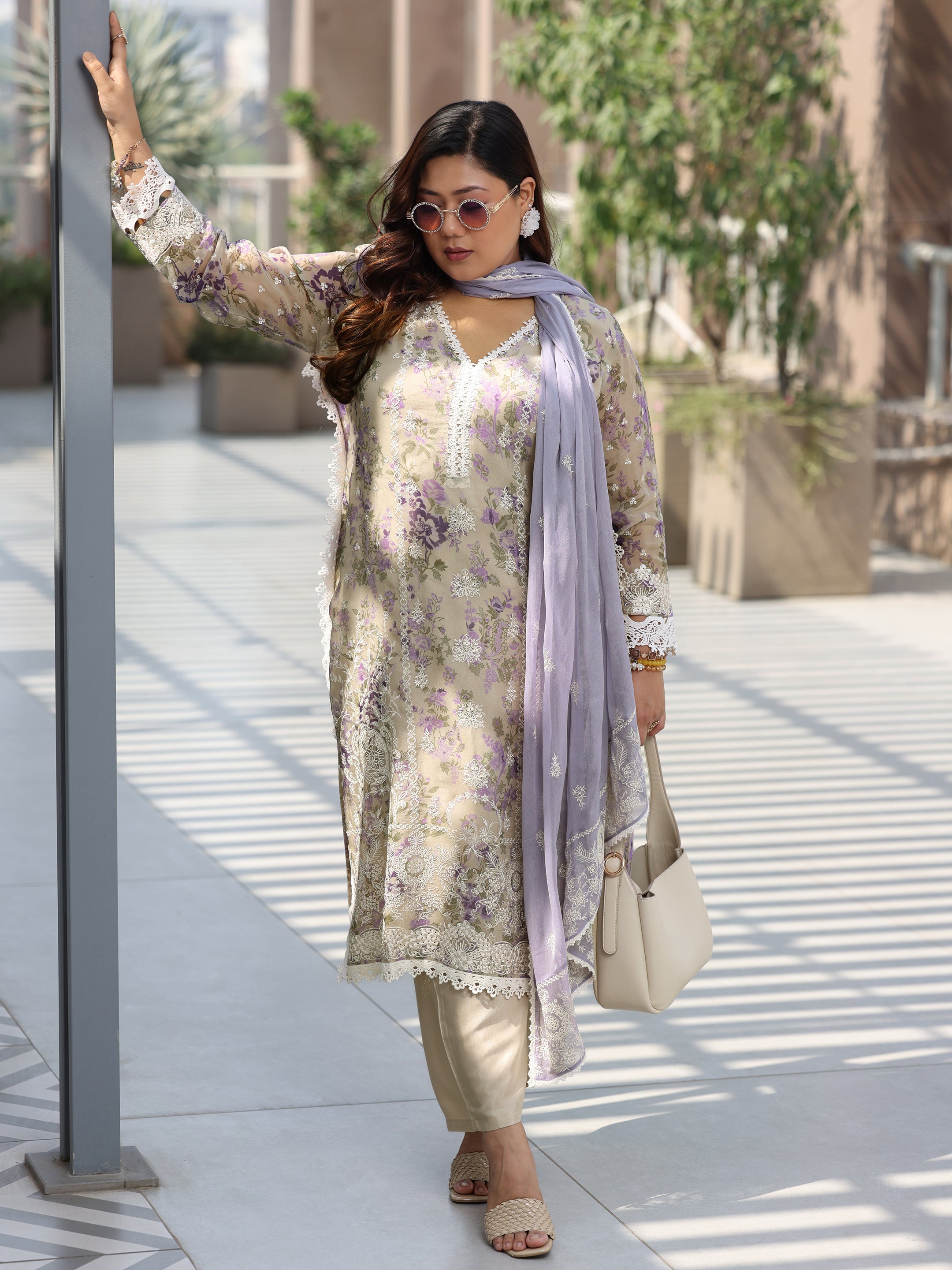 Plus Size Grey Printed Organza Straight Suit With Dupatta