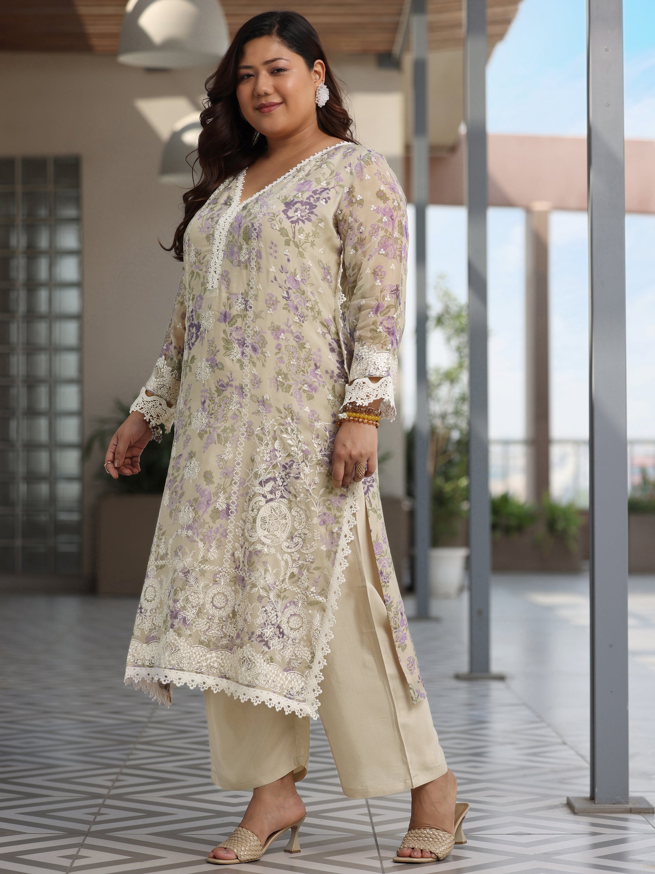 Plus Size Grey Printed Organza Straight Suit With Dupatta