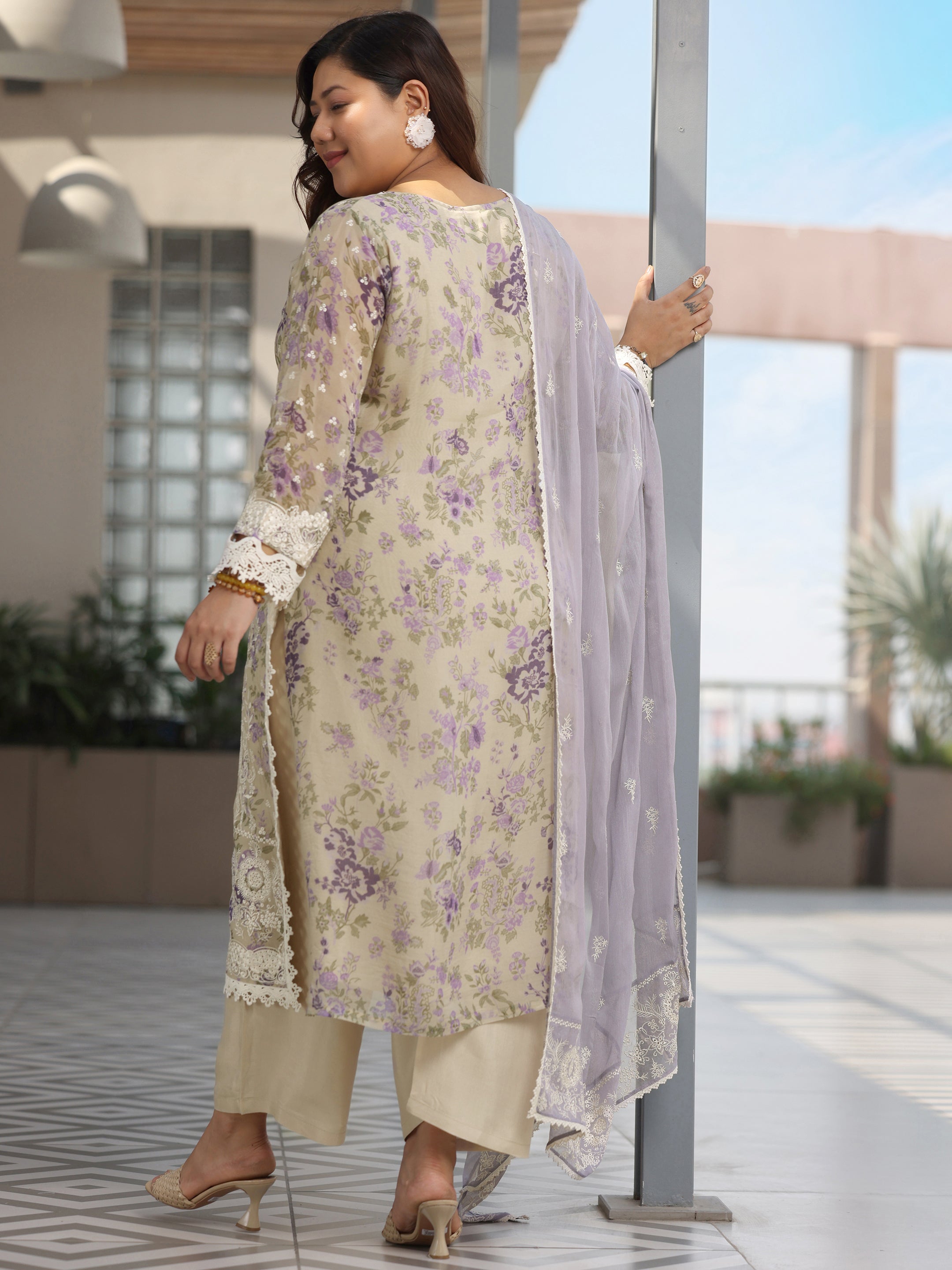 Plus Size Grey Printed Organza Straight Suit With Dupatta