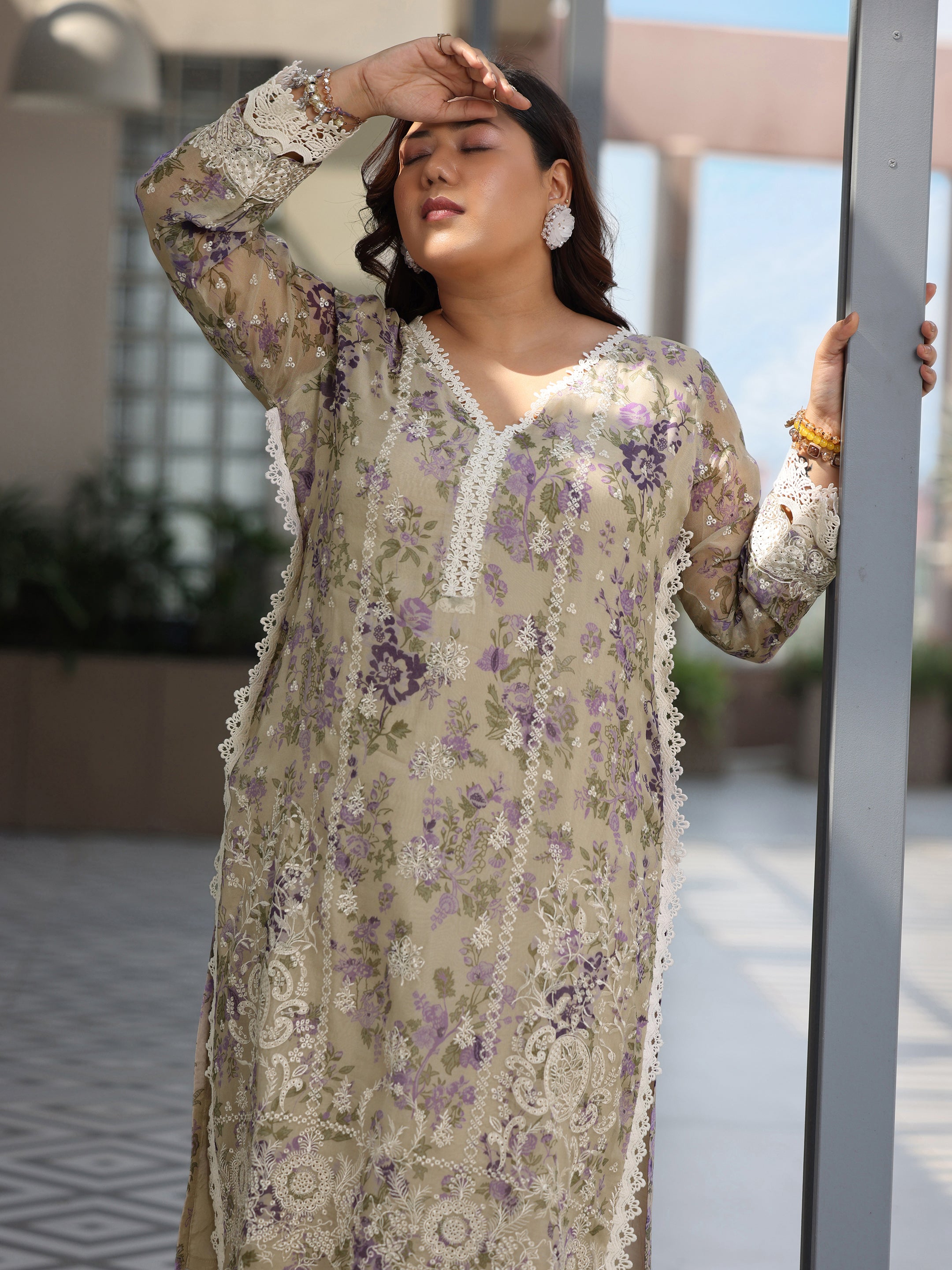 Plus Size Grey Printed Organza Straight Suit With Dupatta