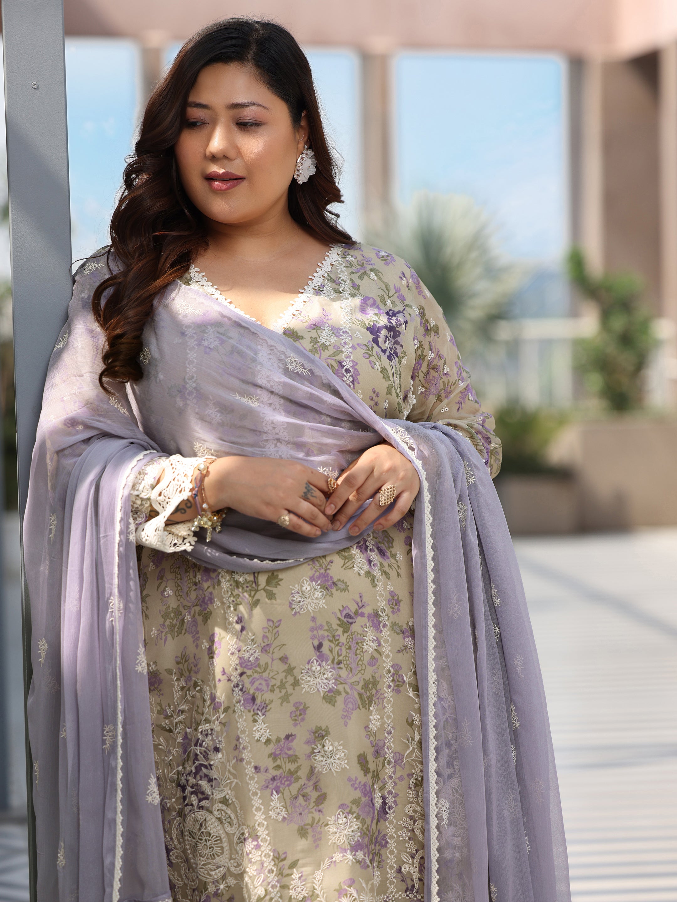 Plus Size Grey Printed Organza Straight Suit With Dupatta